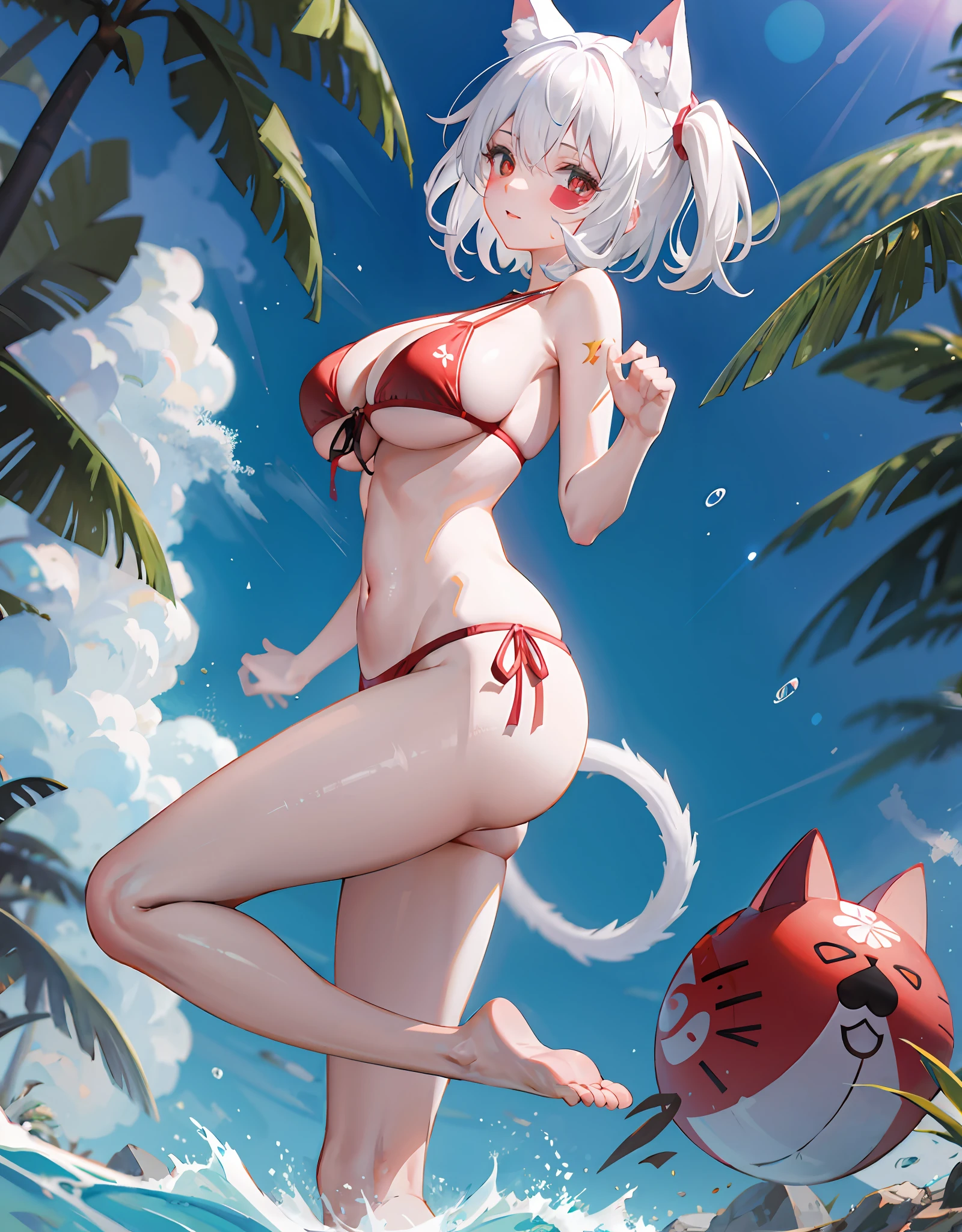 White hair，huge tit，Two-dimensional，red pupils，cat ear，Bikini swimwear，is shy，chiquita，Be red in the face，Blindfolds，solo person，Stand on one foot，Briefs，swim wears，Breast-tie your hands，From the side Side