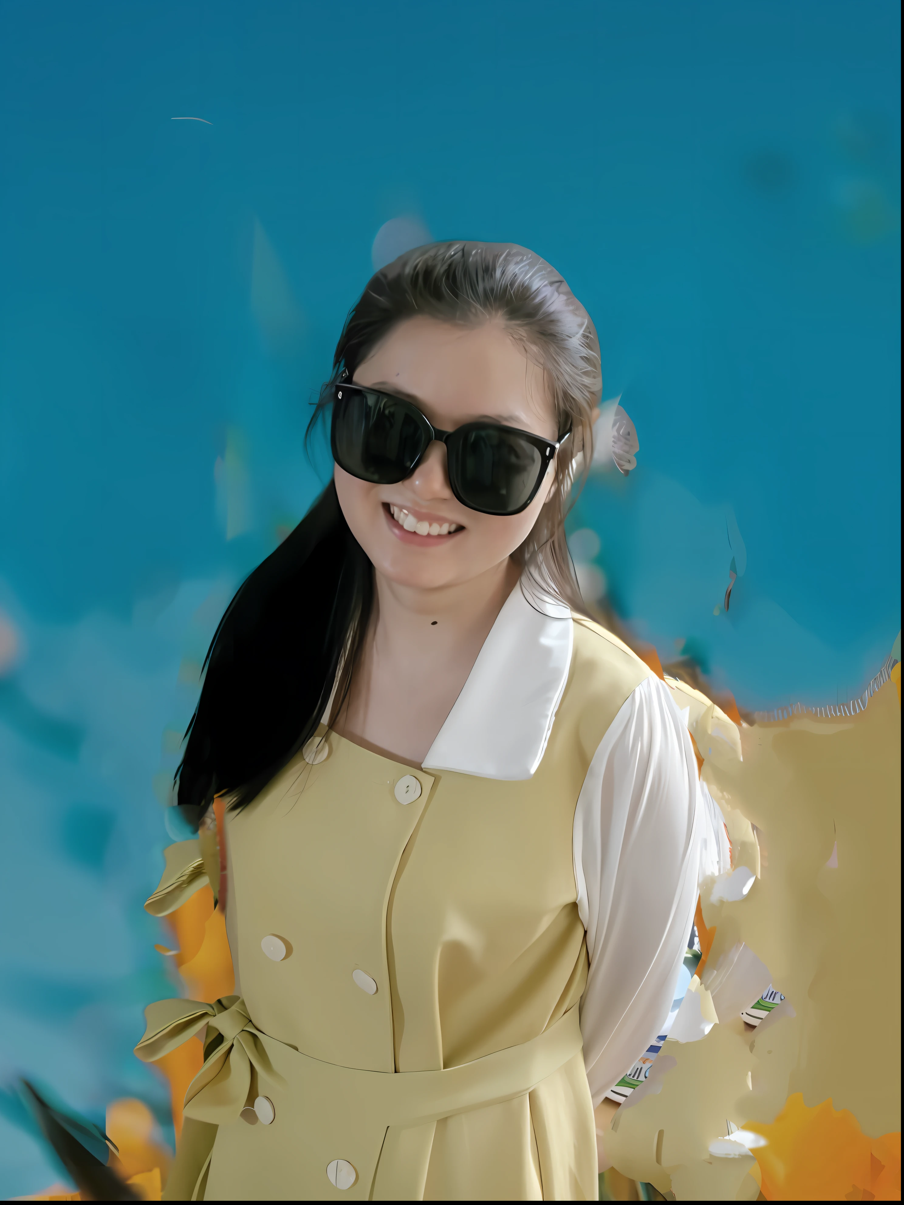 There is a woman in a yellow dress and sunglasses standing by the sea, with sunglass, With sunglasses, with the sun shining on it, and the sun was shining brightly, cindy avelino, Sunny day, Very sunny, in style of atey ghailan, um dia ensolarado, on a bright day, On a sunny day, Wearing sunglasses
