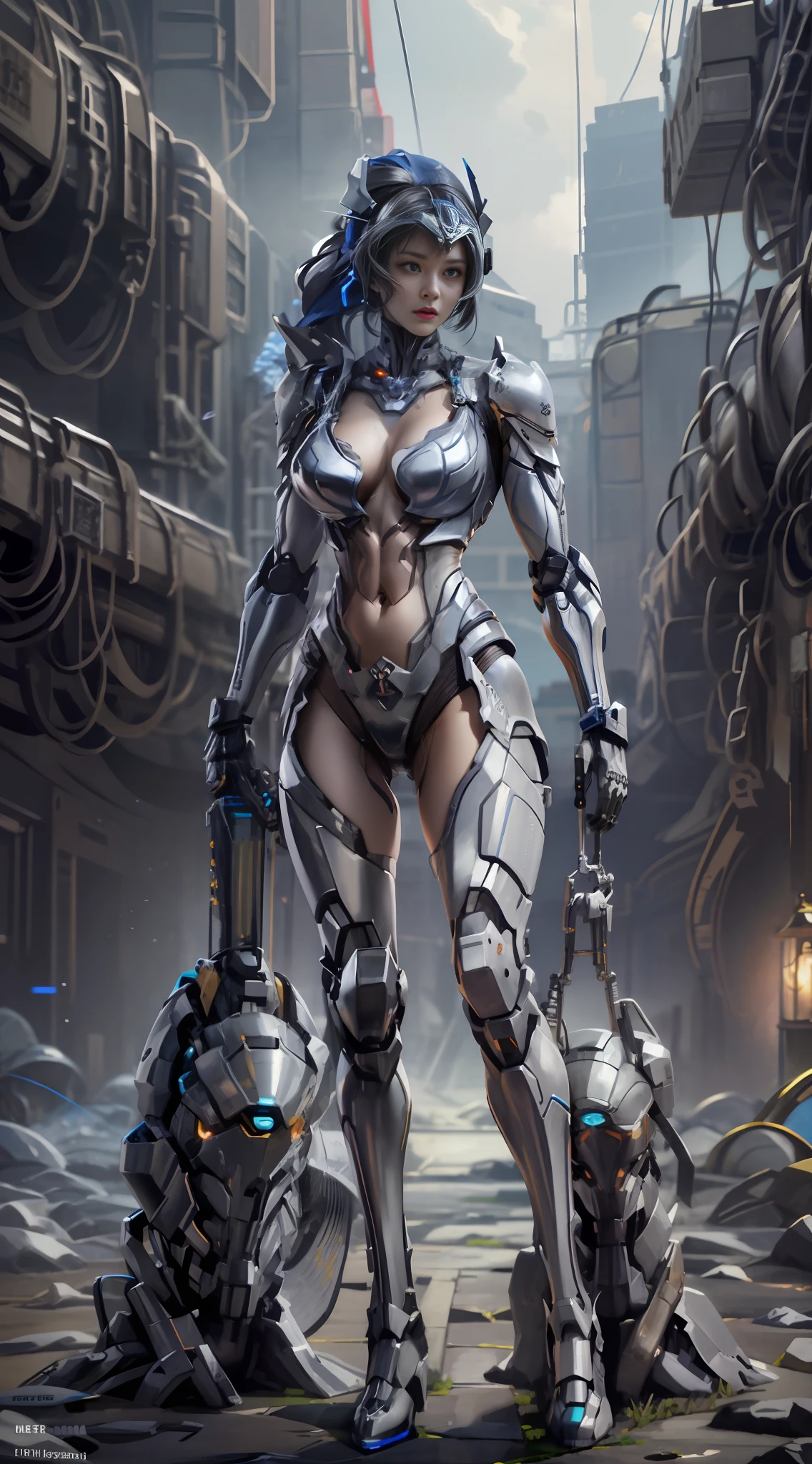 A girl mech with a perfect figure，Marvel elements，The giant Gundam levitates behind him，Mecha realistic，dynamic lights，Old sense of gray stubble，The is very detailed的 CG unified 8k 壁纸，ArtStation with artistic effects，CGSociety with high detail and unique focus，Highly dramatic，Real and interesting。
