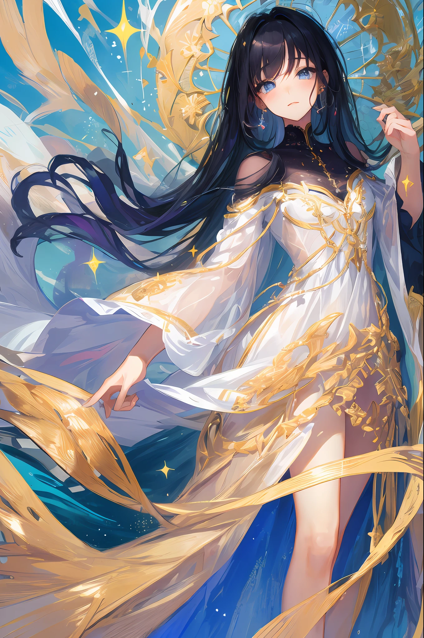 ((tmasterpiece、Need、Ultra-delicate、A high resolution)), , a beauty girl, sparkle eyes, perfect eyes, ar old, Blue medium curls,with long bangs,Gentle gaze,One guy