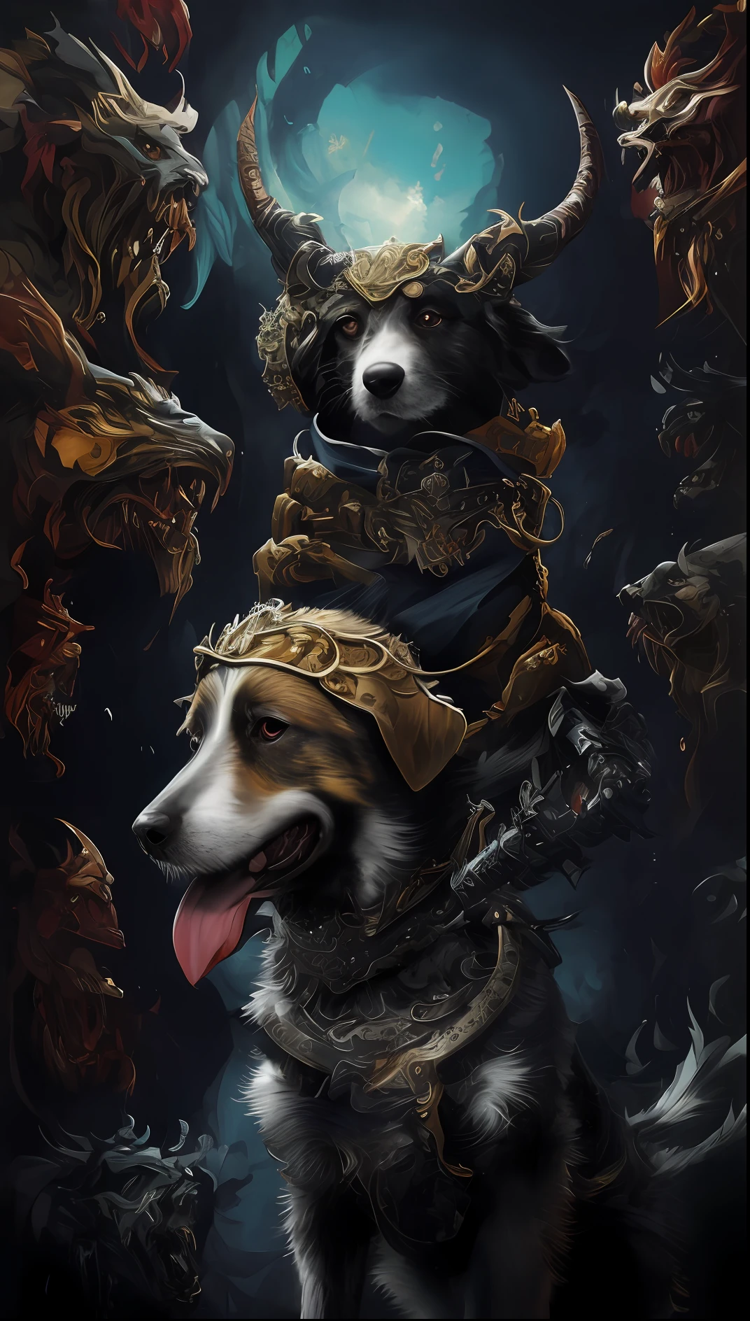 Drawing of a dog with a sword and a demon、Beautiful dog god Mohrbacher、Mohrbacher's art style inspired by Shunkosai Hokushu、asura from chinese myth、God of Chaos inspired by Ryukosai Dingkei、Style of Peter Mohrbacher、​masterpiece、Top image quality