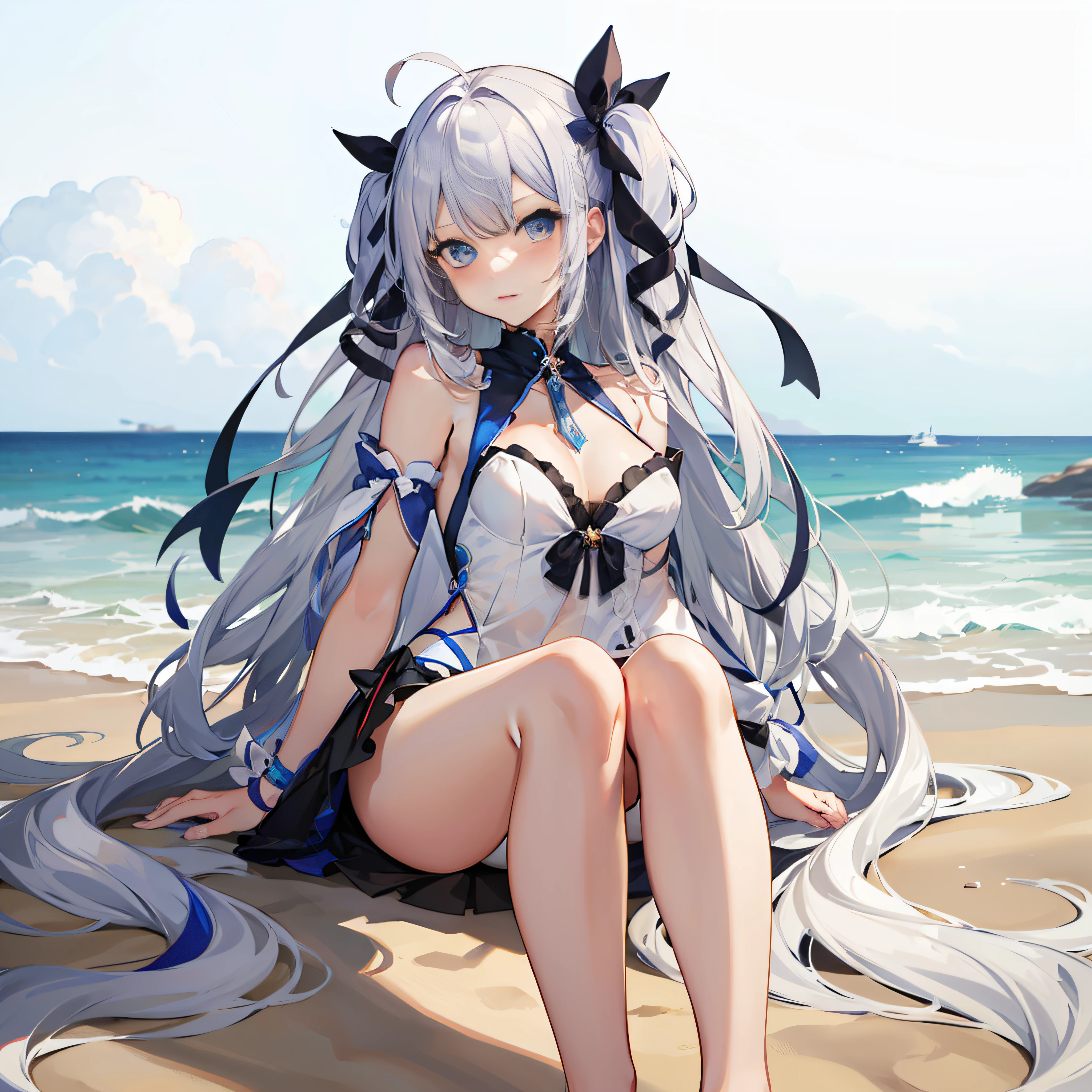 Silver hair, Very long hair, hair two side up, hair splayed out, Hair ribbon, ribbon, Shy, hyper HD, 16k, Best quality, High details, Anatomically correct,比基尼,face,Long legs,D罩,sandbeach