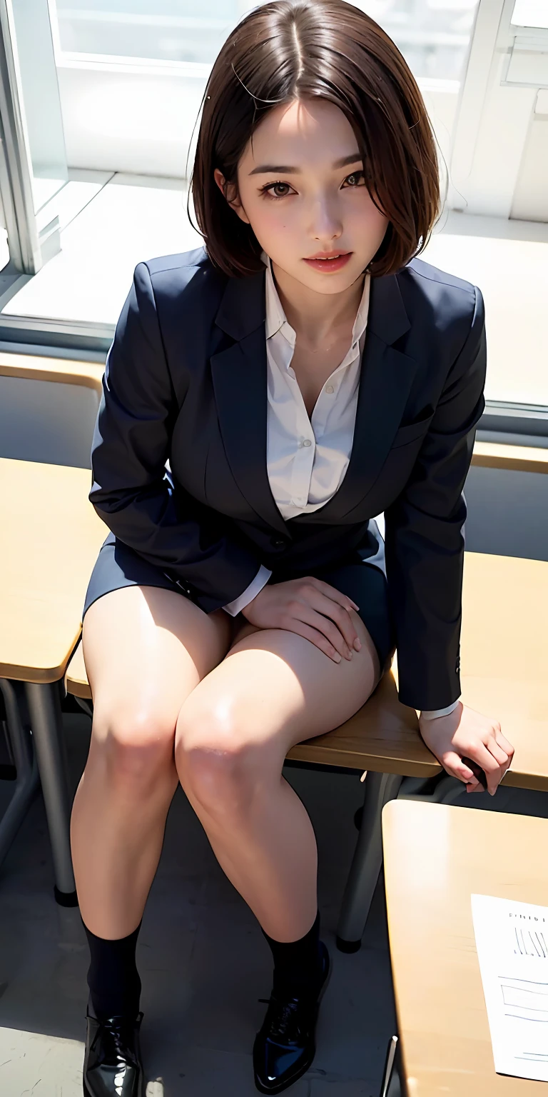 ((8k, RAW photos, top quality, masterpieces), high-definition RAW color photos professional close-up photos, (realistic, photorealism: 1.37), (highest quality), (best shadows), (best illustrations), collarbones ((big)), ((erotic, sexy, ultra high resolution, high-definition CG unified 8K wallpapers, physically based rendering, movie lighting), (aegyo sal:1), 18 year old girl, (grey blazer, ribbon, socks, high school uniform: 1.2), high school classroom, beautiful detail eyes, light on the face, ((full body shot: 1.2)), especially strong light, (upper eyes, grinning smile:1.2),shiny skin, (((black hair, bob hair:1.2))), ( thick thighs), ulzzang-6500-v1.1:0.2, shy, (flash:1.2), NSFW , (puffy), ((seductive posture: 1.2, attractive: 1.2)), (idle), (sitting at a desk in classroom: 1.2)), ((good anatomy: 1.2)), ((bright and refreshing classroom, background blurred: 1.2)), perfect face, cute face, (high angle shot:1.2)
