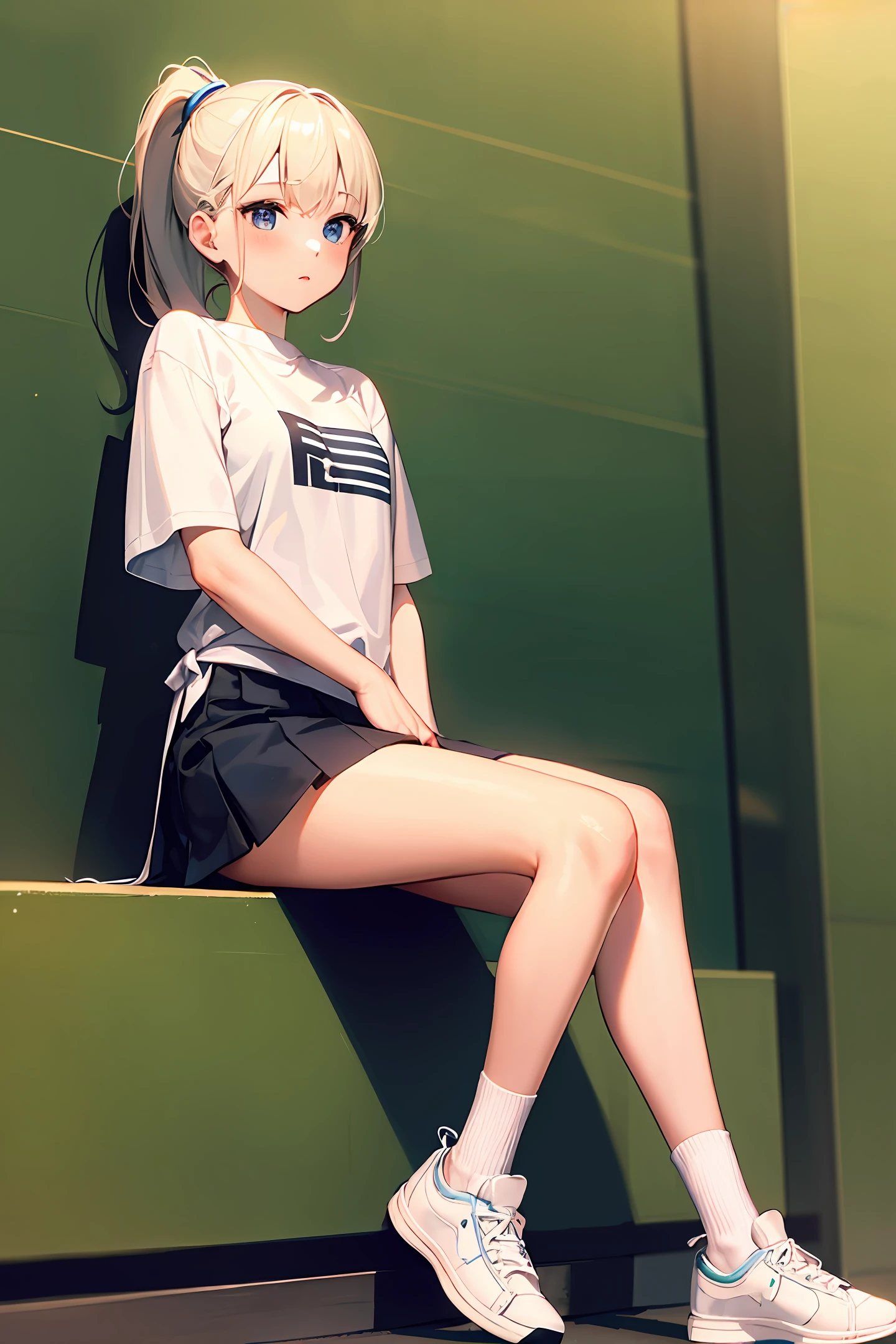 a girl sitting on the ground,Wear white socks and white sneakers。She wears a high ponytail,Pull hair to the top of your head。She faces straight ahead,Sit with your legs apart,Wear a short skirt,with no underpants