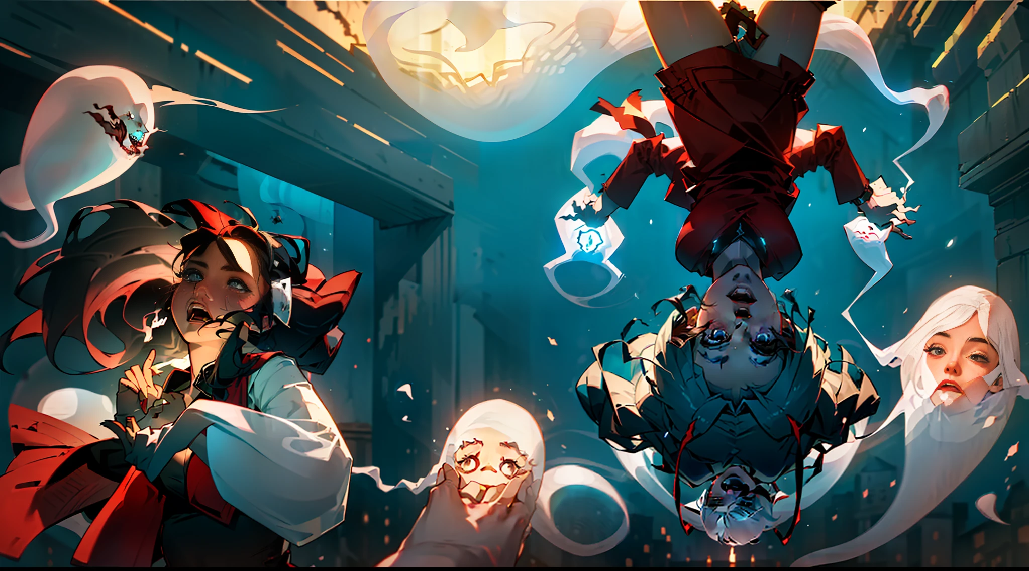 The (woman Ghost in Red:1.6) hanging upside down has a ferocious face and drooping hair, and the (man:1.5) in front is terrified