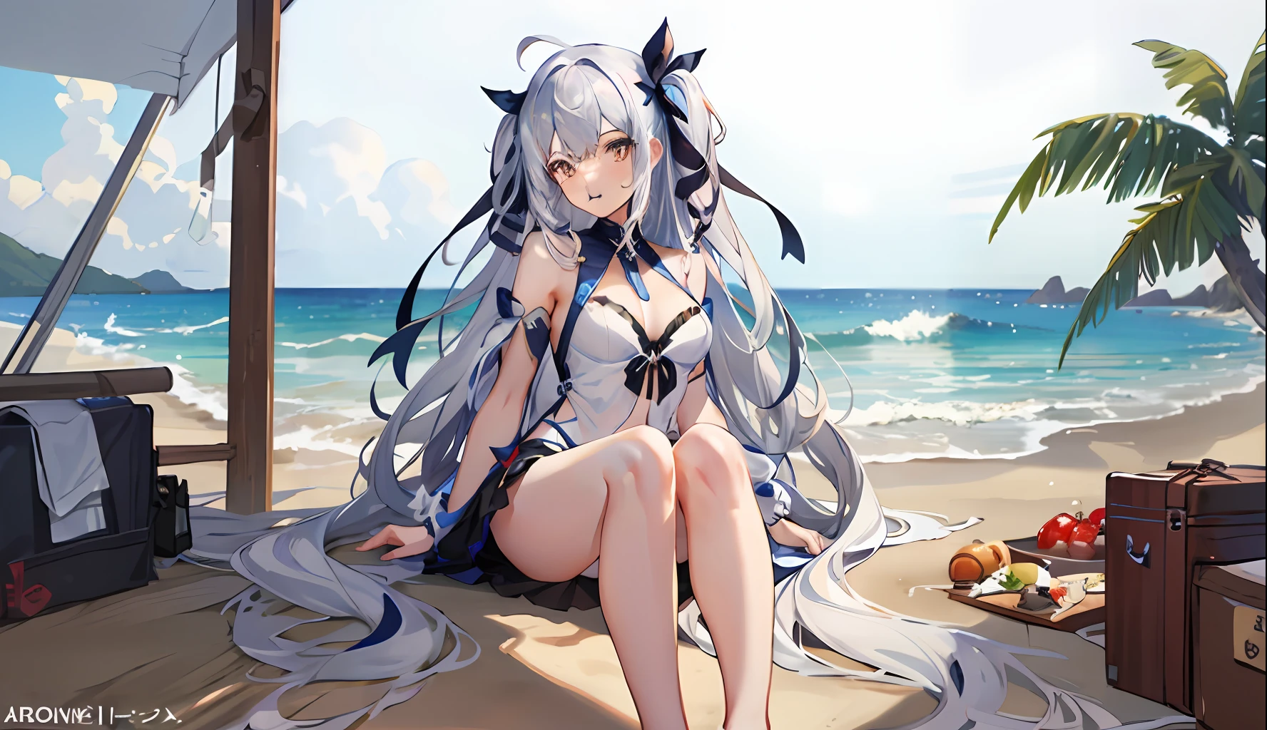 Anime girl sitting on the beach，Long hair and white dress, azur lane style, in the beach, From Arknights, Kantai collection style, Best anime 4k konachan wallpaper, A scene from the《azur lane》videogame, Have by the sea, on  the  beach, from girls frontline, Guweiz in Pixiv ArtStation, trending on artstation pixiv