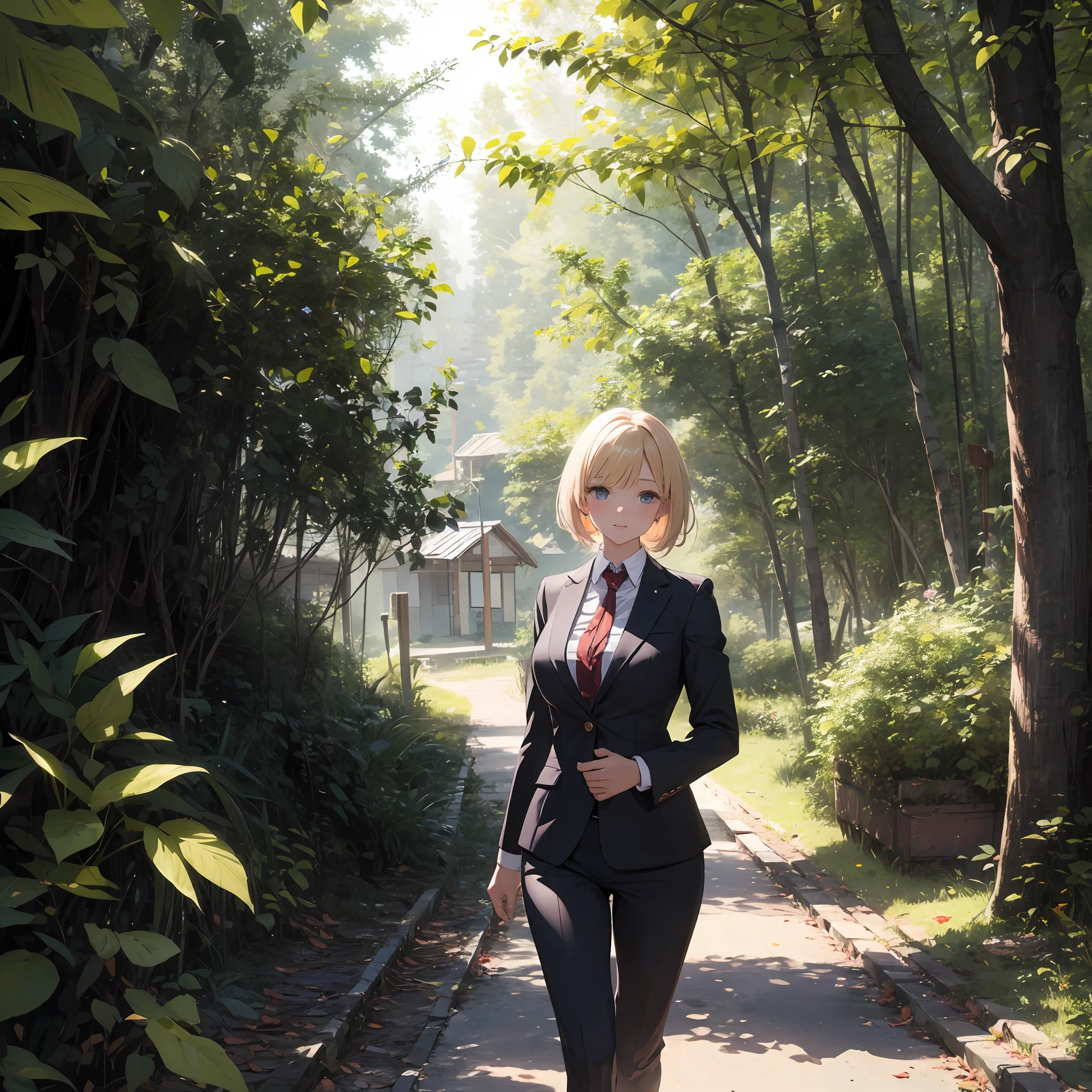 (best qualtiy,8k,32k,tmasterpiece,UHD:1.2),Cute Russian Woman Picture,nedium breasts,tit,Cunt,Very short golden bob hair,The upper part of the body,(Business suit,:1.1),Background forest,looking around a corner --auto