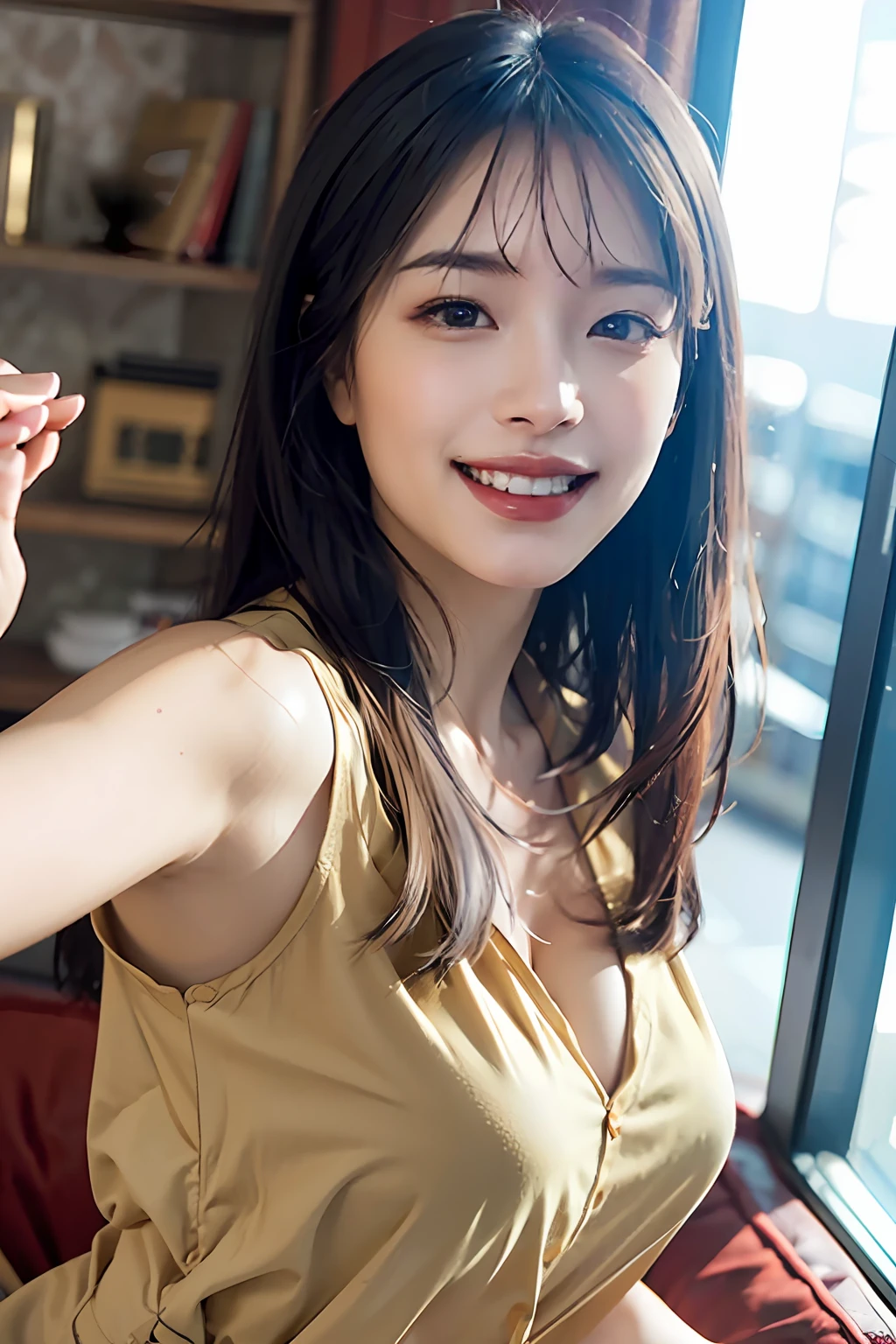 masterpiece、top-quality、realisitic、(A hyper-realistic), (illustratio), (hight resolution), (8K), (ighly detailed), (The best illustrations), (beatiful detailed eyes), (top-quality), (ultra-detailliert), (masterpiece), (wall-paper), (详细的脸), a bed、Upper body close-up,Armpit, A smile,Plump,独奏,(Wearing a silk plunged open shirt:1.5), full of sweat, japanes, large full breasts, (camel's toe)、huge-breasted、Luxury living room、Detailed white teeth、ultimate beauty girl、No bra、Wrap a red ribbon around your neck、perfect teeth、Perfect and beautiful female hands、Perfect tooth alignment、