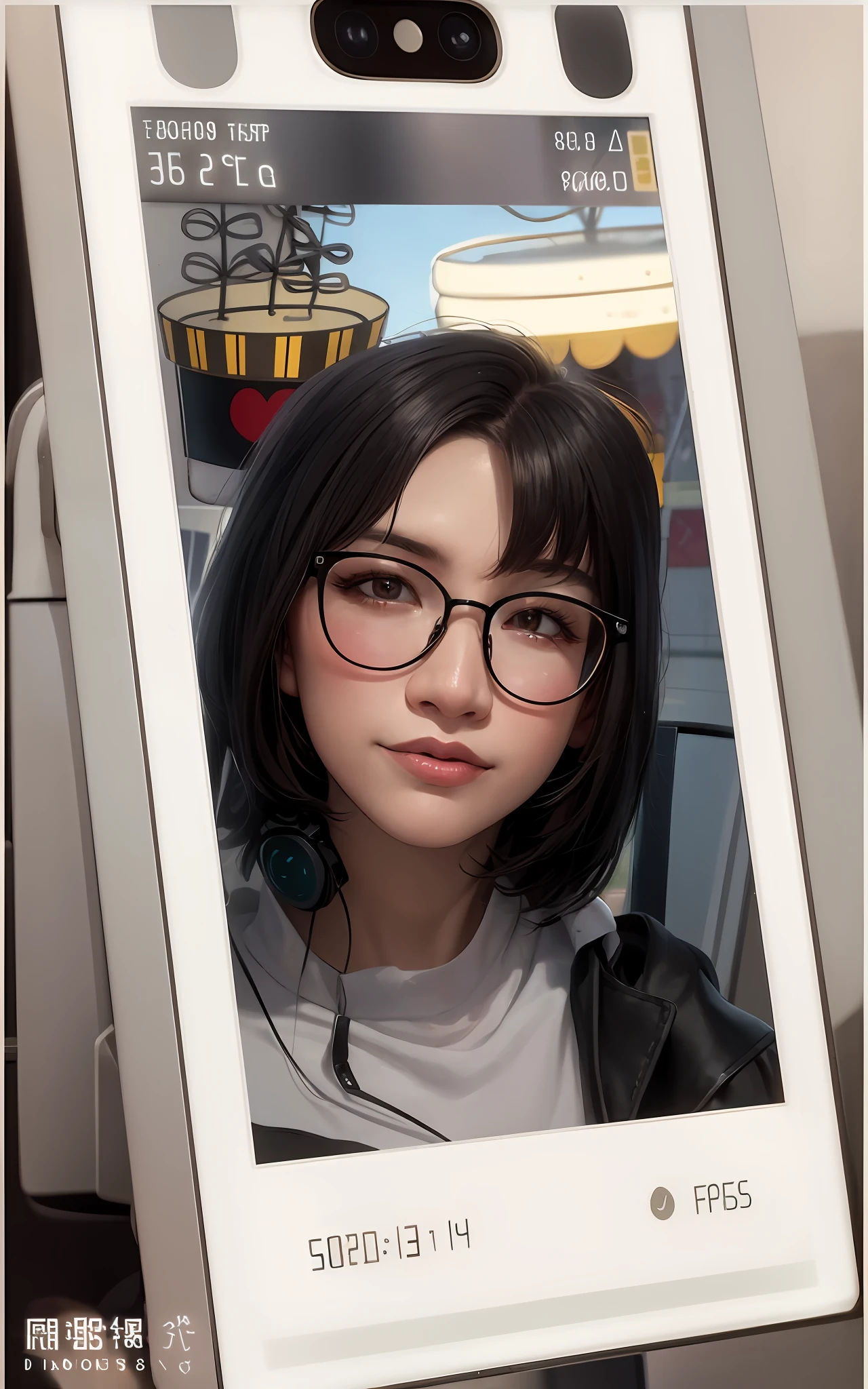A close-up on a phone，There was a woman on it, nft portrait, portait photo profile picture, with accurate face, 8k selfie photograph, with short hair, professional profile picture, AI self-portrait, with round face, inspired by Li Fangying, xintong chen, With glasses, 19-year-old girl, dang my linh