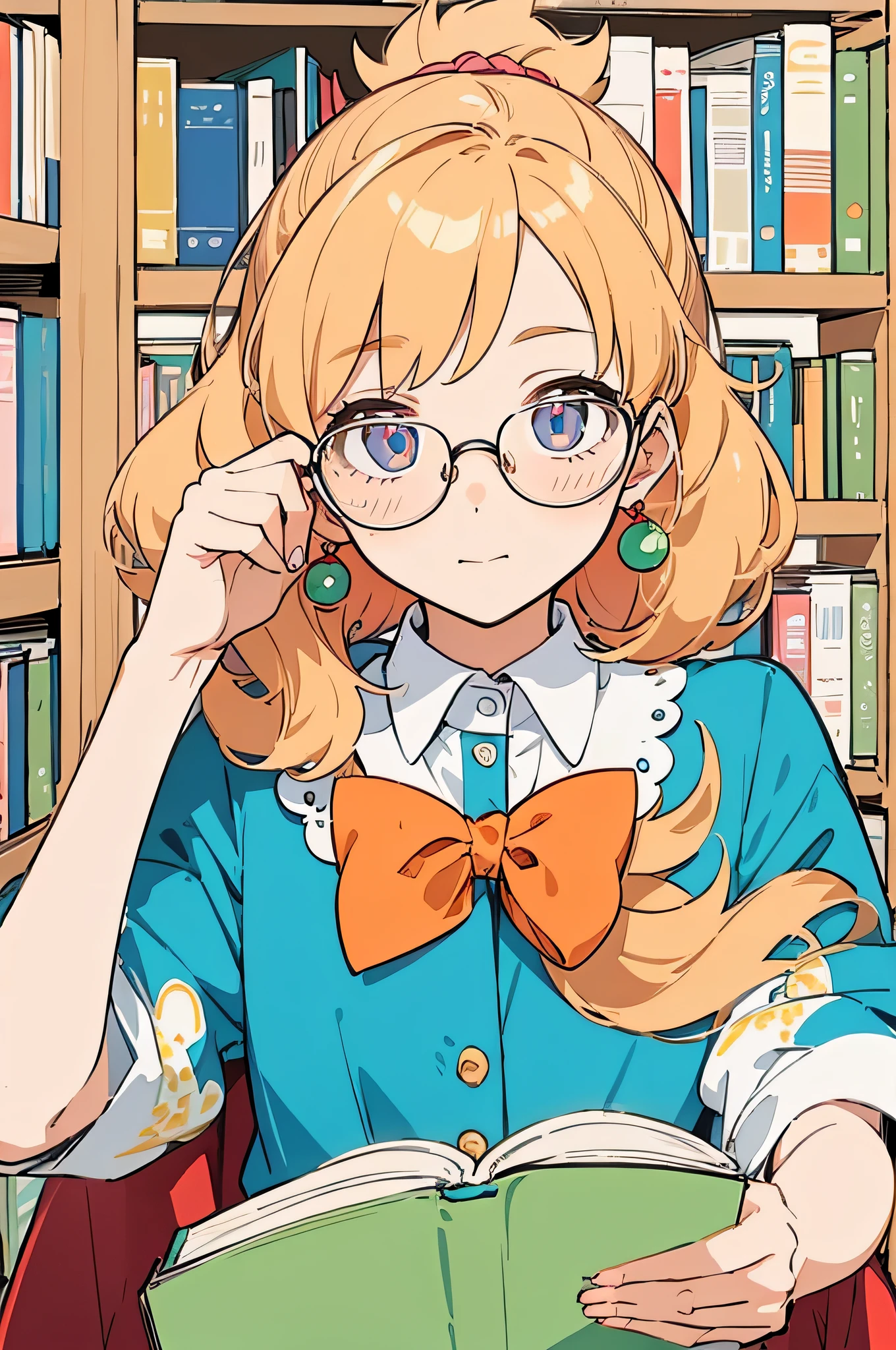 (masterpiece, best quality) by mika pikazo, detailed, 1girl, solo, nerd, library, no outline, colorful flat coloring, glasses, warm, peach