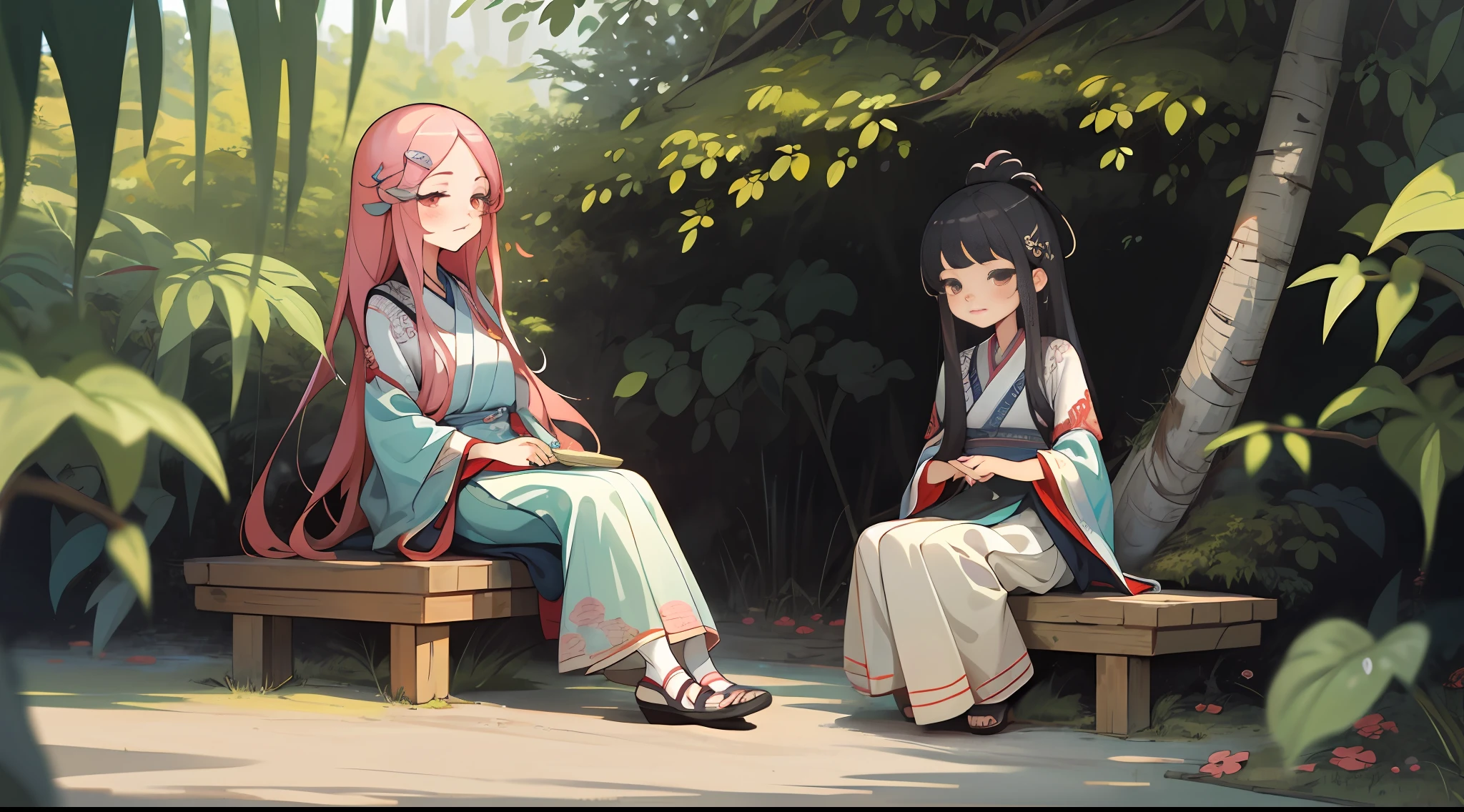 (a sticker,1girll,Chinese clothes of the Ming Dynasty,Gorgeous collared top,pleated long skirt,Hanfu,Embroidery,Hairpin,bamboos,moss), aquarelle,white backgrounid, simple backgound,adolable, pastel colour,Sit under the gazebo