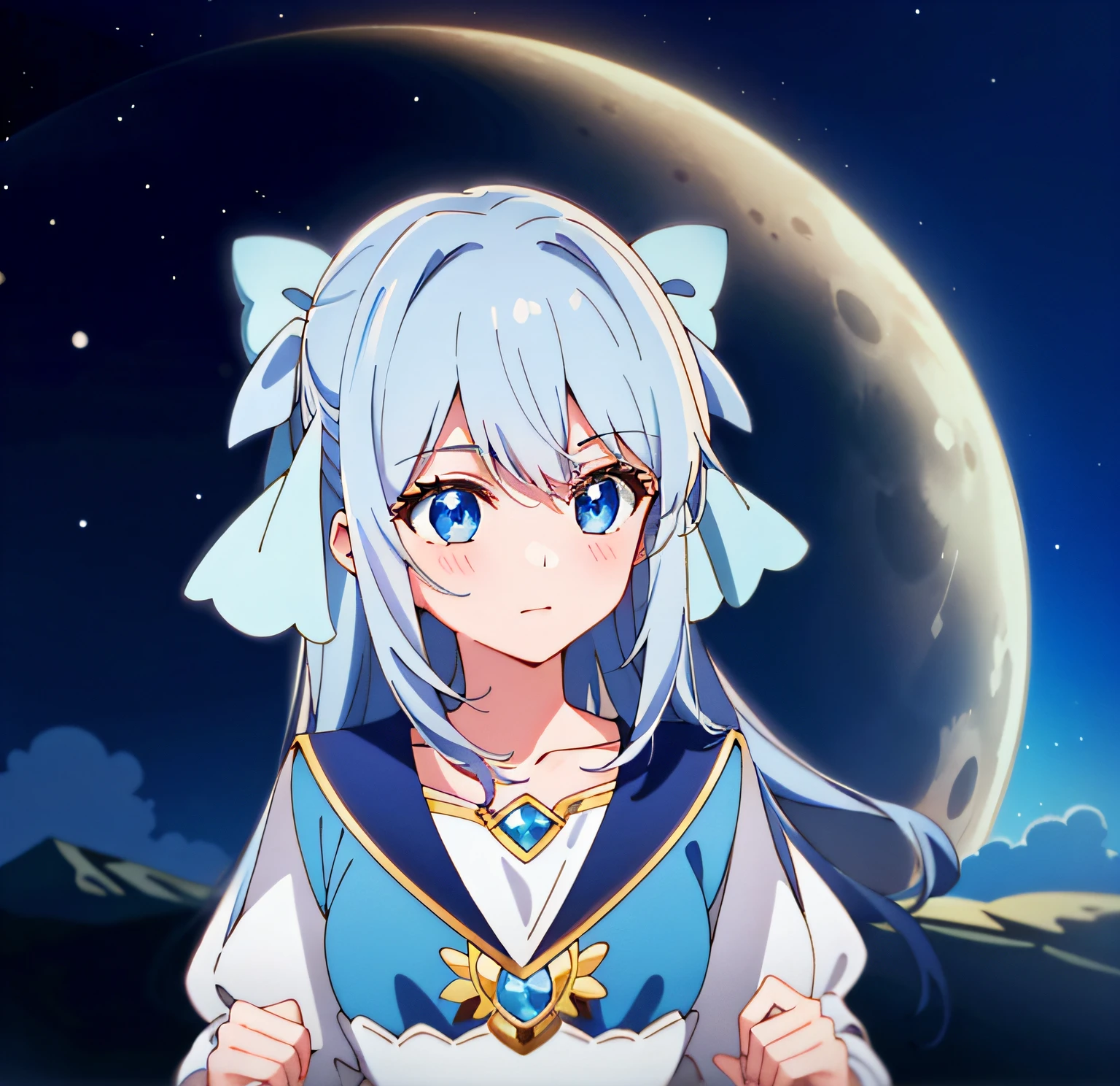 Girl with white hair and blue dress standing beautiful on the moon，Full of oriental mystery and anime moe art style，Elements of mystery and fantasy run through it。Being a princess gives her a sense of destiny，Moved into the lost castle of Sirno，The portrait girl in the style of the 80s anime can be called a classic anime character，Dream-like haunting。 (Animate, dream magical, whaite hair, bluedress, Moon, A princess, 80s anime style)