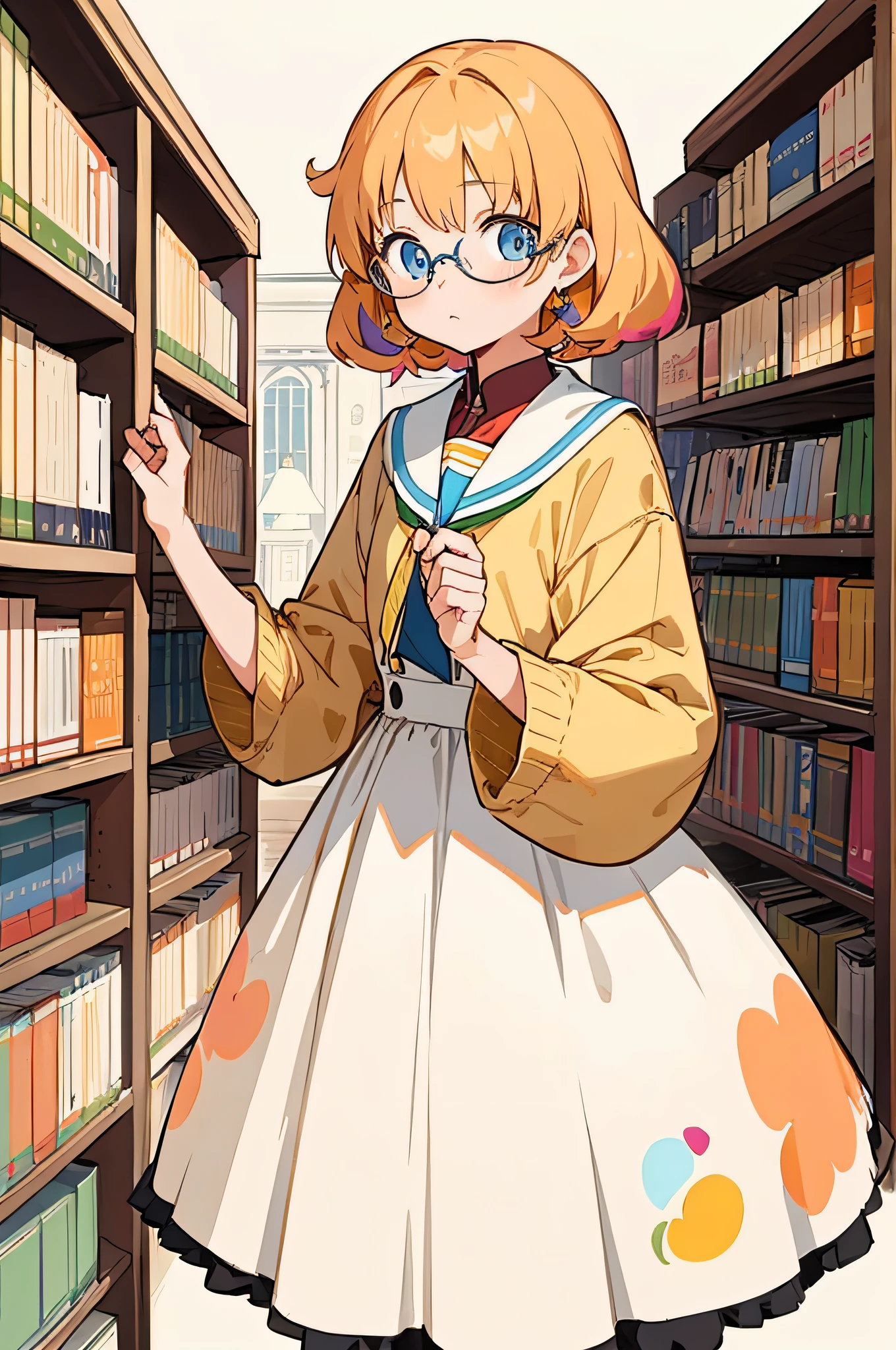 (masterpiece, best quality) by mika pikazo, detailed, 1girl, solo, nerd, library, no outline, colorful flat coloring, glasses, warm, peach