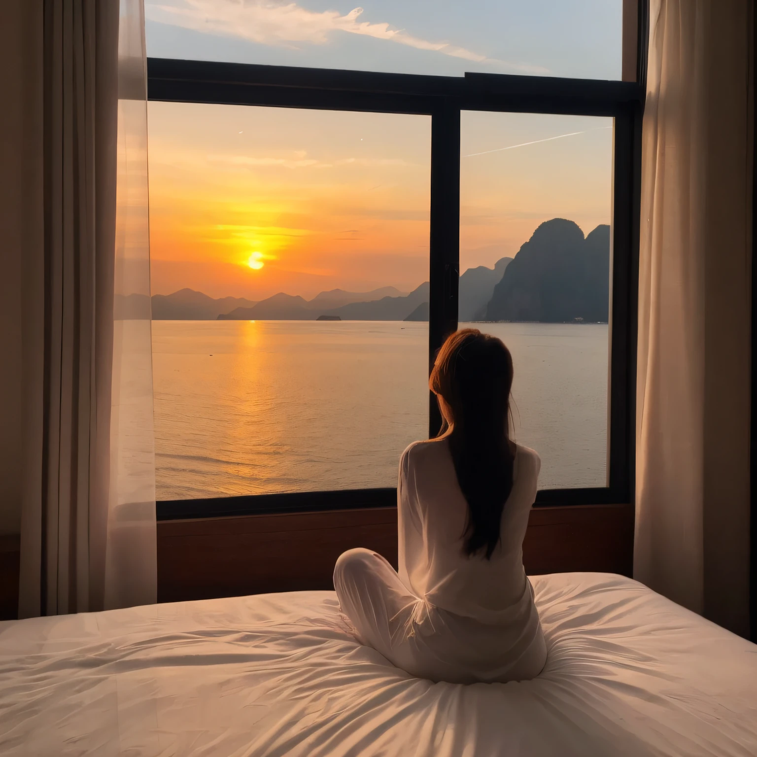 (best quality) Sitting in my bedroom looking out the window at the breathtaking (Ha Long Bay), vibrant (sunset/sunrise) (sky) and serene (water), with a (soft breeze) gently blowing through the curtains and (caressing) my skin.