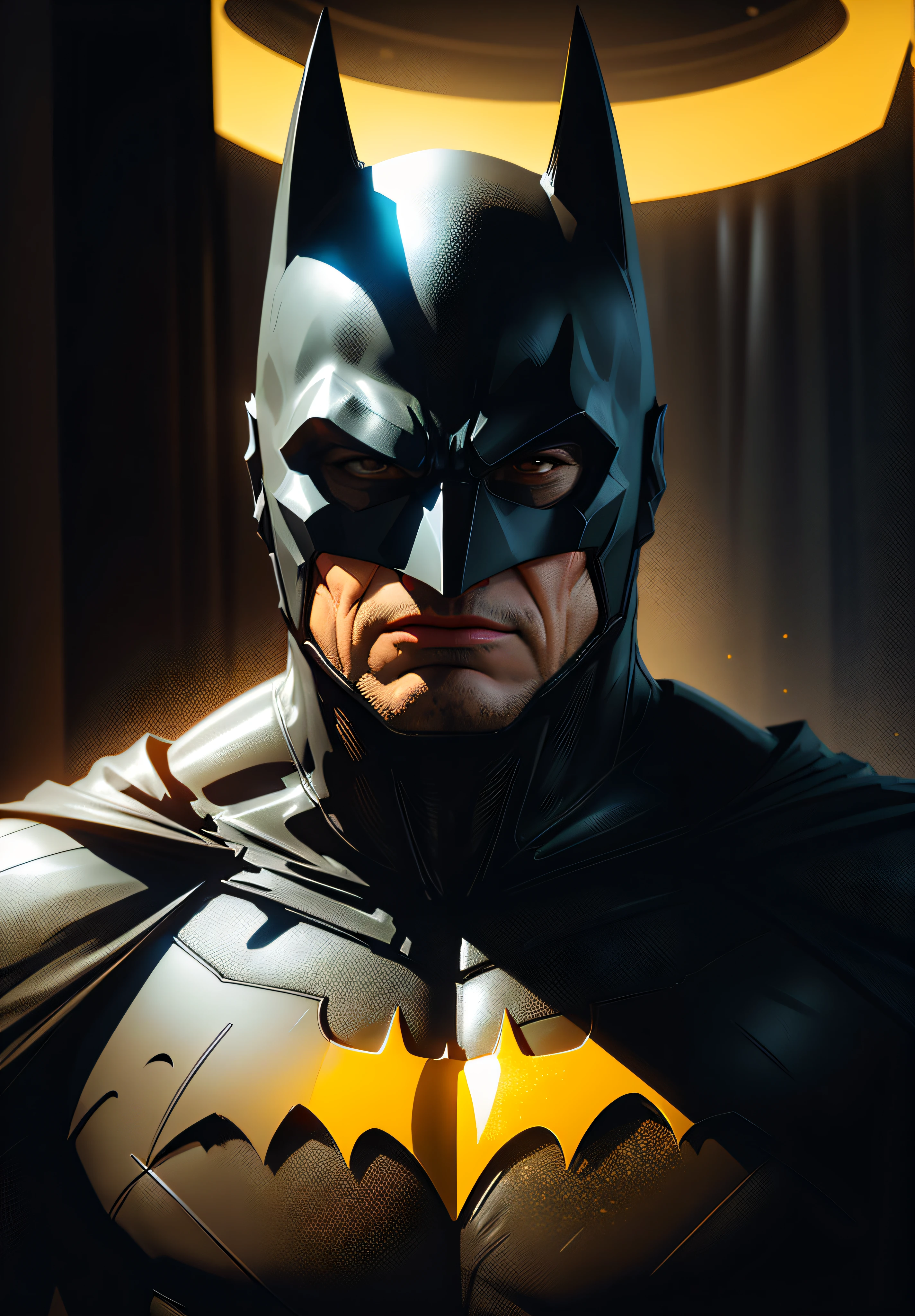 Batman, realistic mask, yellow logo, wide shot, reflection light, bloom, chromatic aberration abuse, UHD