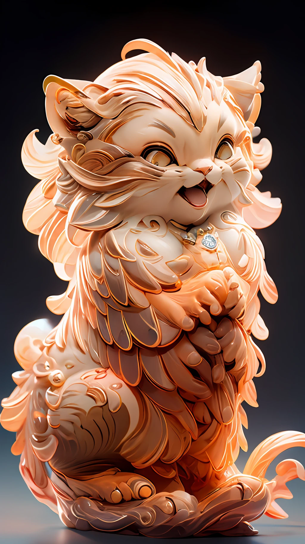 in the shape of a cat,Bling background,Dreamy colors,Transparent statue,florals,Big eyes,Orange colors,Open-mouthed,laughingly,tmasterpiece,(best qualtiy:1.3), full bodyesbian,Ling_Long
