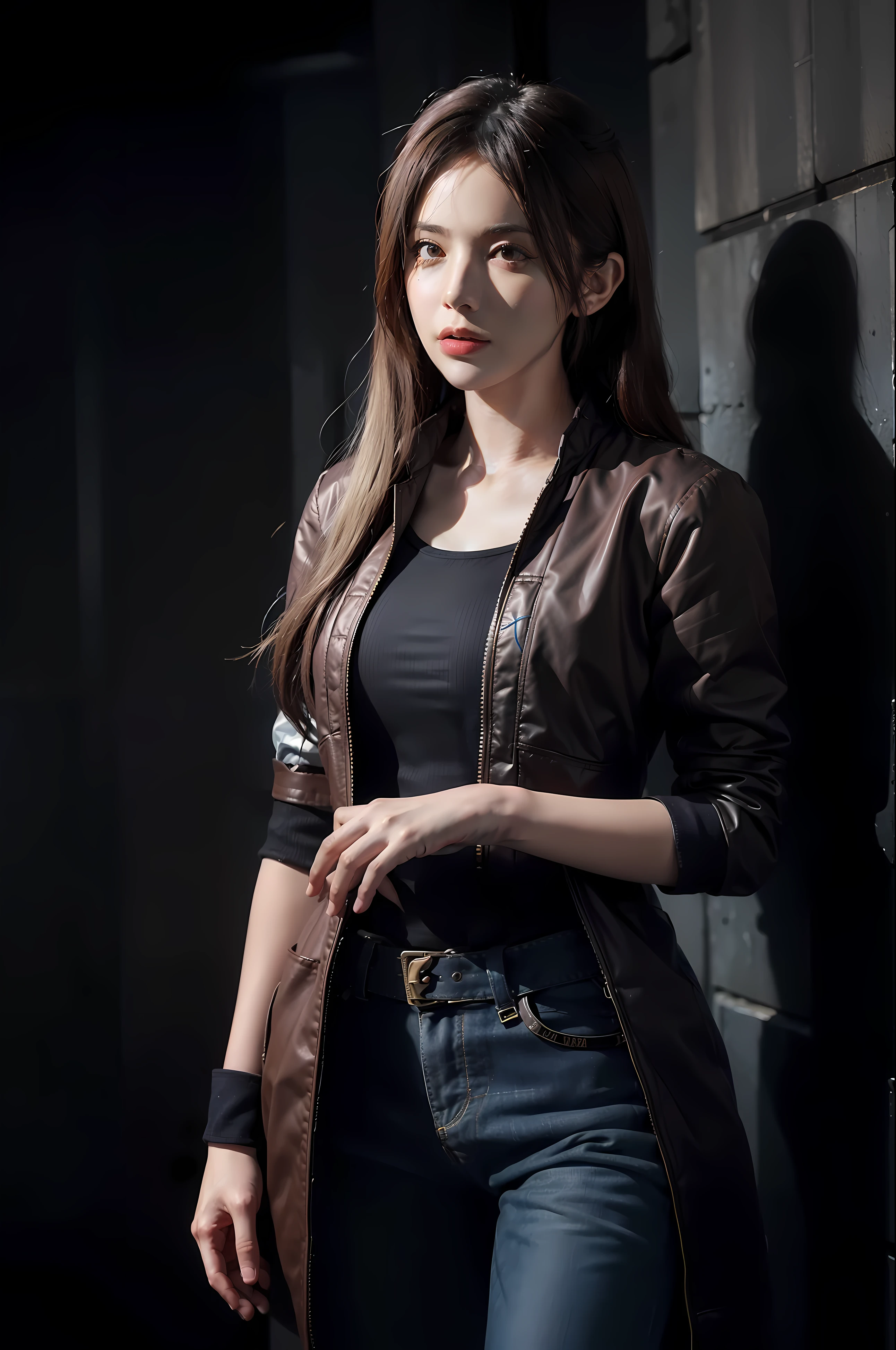 Hyperrealist portrait of female by david hockney and alphonse mucha,fantasy art, photo realistic, dynamic lighting, artstation, poster, volumetric lighting, very detailed faces, 4 k, award winning,, 1girl, in the dark, deep shadow, low key,cowboy shot,(official clothing:1.4) ,long hair,white hair,