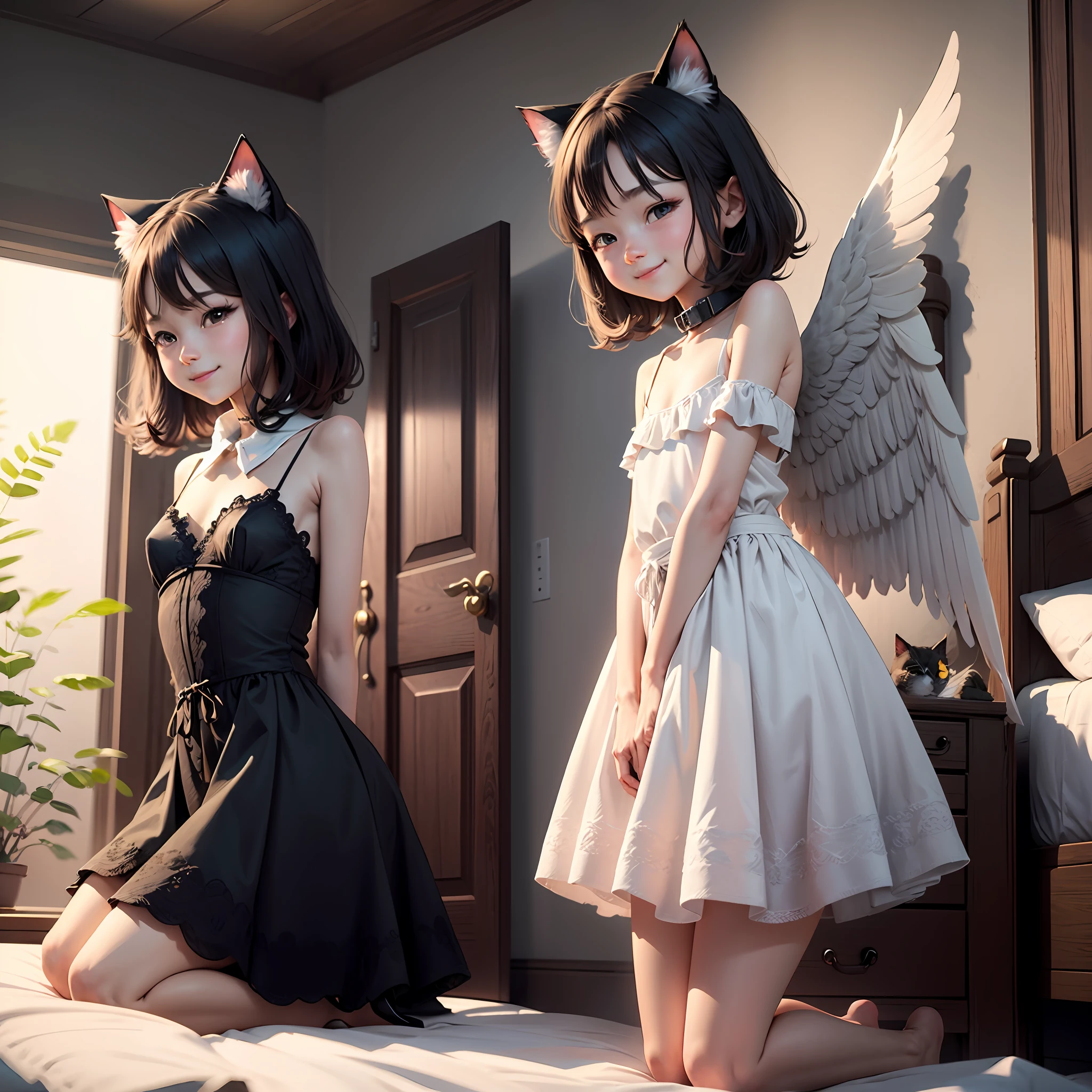 tmasterpiece， Best quality at best， A high resolution， Al1， cat ear， adolable， whitegloves， white dresses， exposed bare shoulders， Low-cut collar，， Black and white wings， feathered wings， Low wings， small loli， Kneel， ssmile， Cosy bedroom， A smile that craves eroticism，