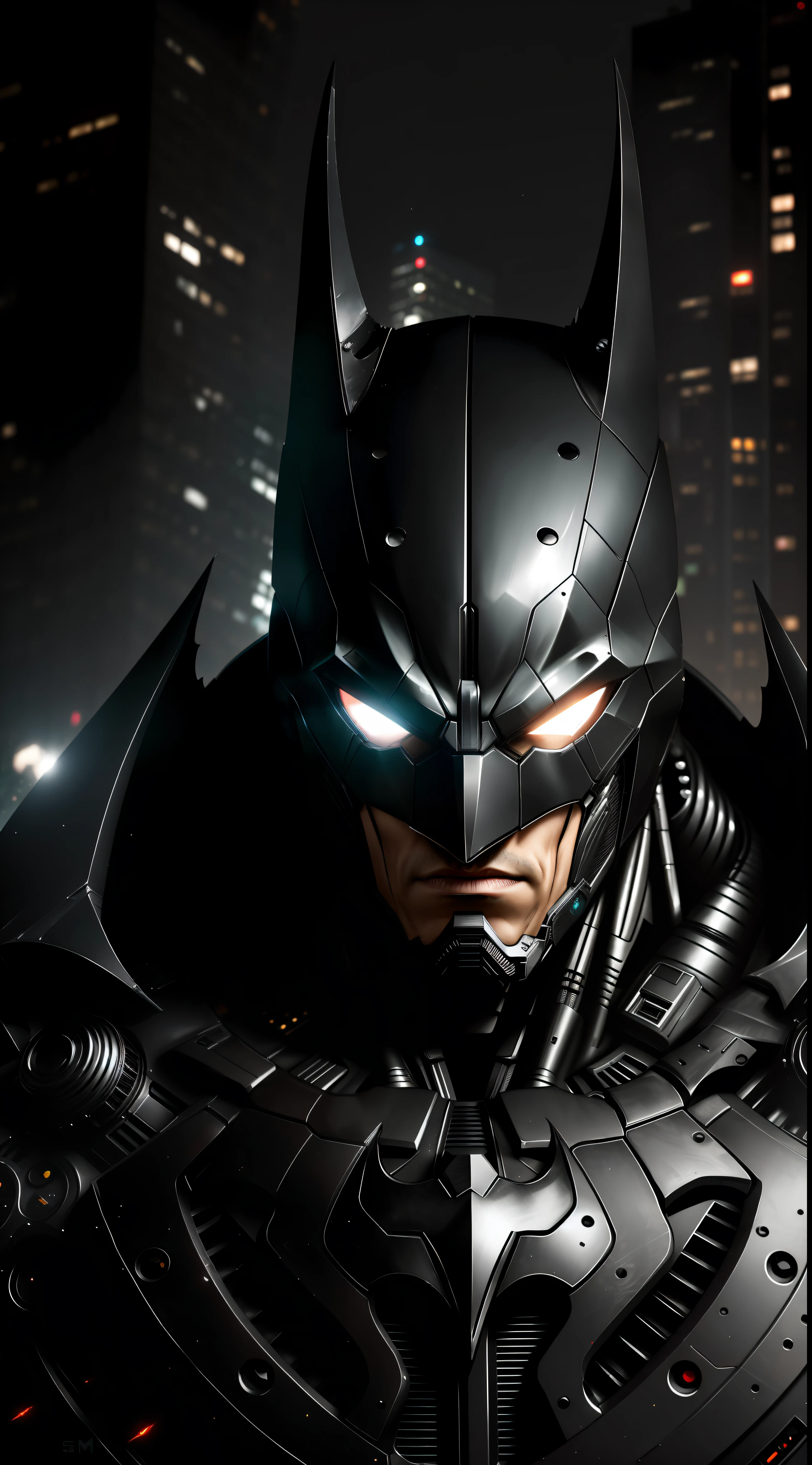 Batman from DC photography, biomechanical, complex robot, full growth, hyper-realistic, insane small details, extremely clean lines, cyberpunk aesthetic, masterpiece featured on Zbrush Central