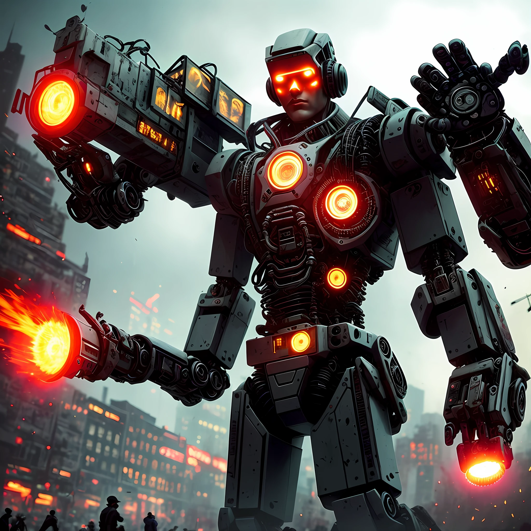 Dark and fantastic、cyber punk style,One person faces the chainsaw man,The red chainsaw is particularly stunning;Mechanical Wonder,Robot guardian in a shabby mech suit,Machine logic that controls everything;Clear depth of field,Filmmaker Greg Rutkowski captured this intricate mechanical mechanism,Steel metal is alive,detail-rich,Soft lighting sets off bright colors;This is a masterpiece-quality photo,The style is a fusion of street spirit,The thrill of cowboy shooting,The ostentatious of the dynamic pose;A red ring floats on the back,Face forward,As if heralding some strange event。