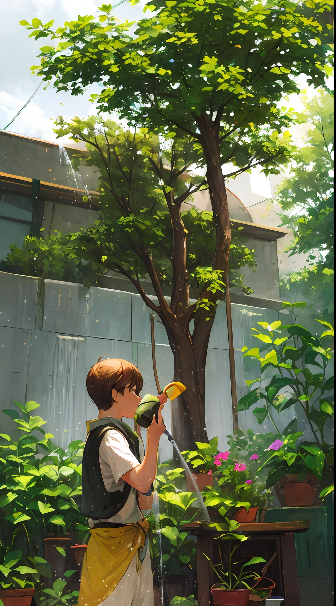 Boy watering trees with a shower --auto