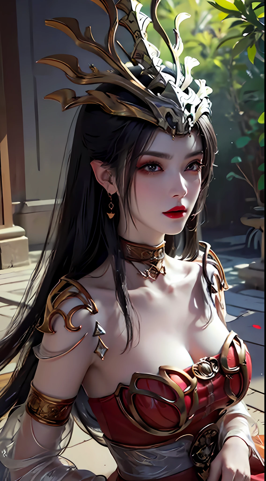 1 very beautiful queen medusha in hanfu, thin red silk shirt with many yellow motifs, black lace top, crown on head, long bangs and dyed black ponytail, beautiful hair jewelry , pretty and cute face, perfect face, earring jewelry, light purple rabbit ears, antique jewelry, big red eyes drawn meticulously, meticulous makeup, thin eyebrows, nose tall, pretty red lips, no smile, pursed lips, rosy cheeks, wide breasts, big breasts, well-proportioned breasts, slim waist, red mesh stockings with black lace, Chinese hanfu style, fictional art patterns, colors vivid and realistic, RAW photos, realistic photos, ultra-high quality 8k surreal photos, cool photos, (virtual lighting effects: 1.8), 10x pixels, magic effects (background): 1.8), super detailed eyes, beautiful girl body portrait, girl alone, ancient hanfu background, looking directly at the audience, wide original photo, 8k quality, super sharp, detailed and clear picture best, detailed light background,