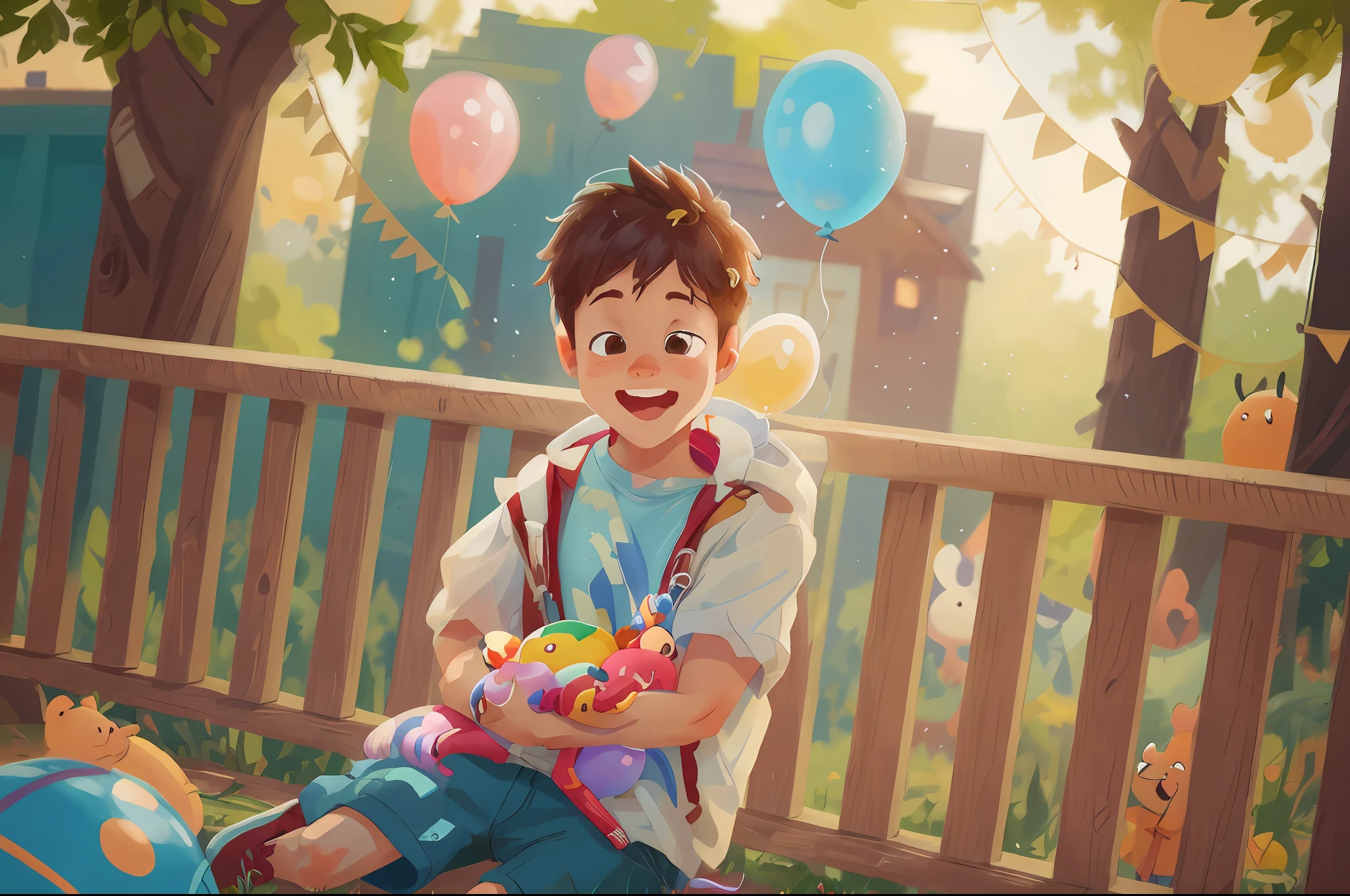 A boy, zoo, many balloons, happy, happy, perfect quality, clear focus (clutter - home: 0.8), (masterpiece: 1.2) (realistic: 1.2) (bokeh) (best quality) (detailed skin: 1.3) (intricate details) (8K) (detail eyes) (sharp focus), (happy)