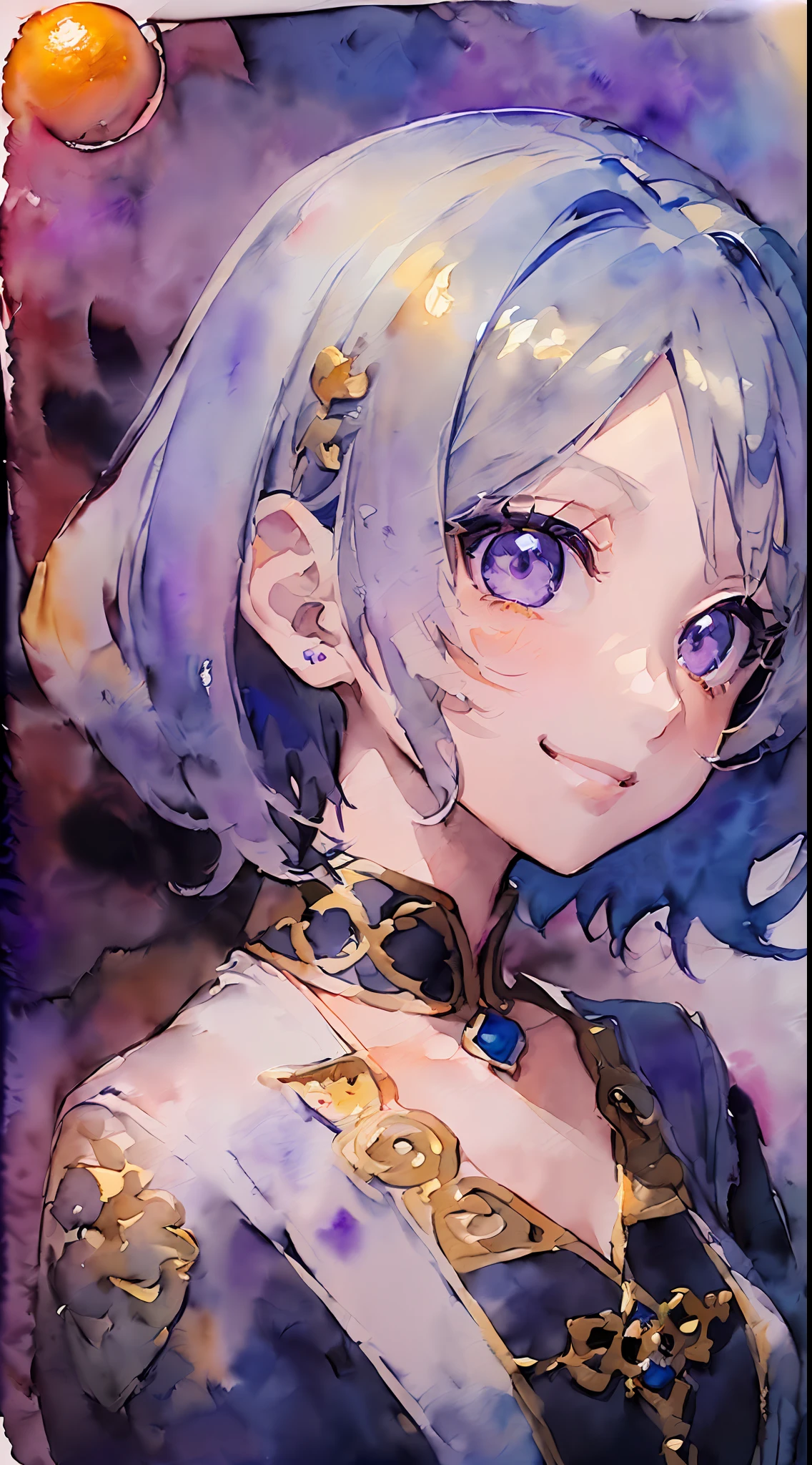 「(8k wallpaper:1.5)、(high-level image quality:1.3)、(Anime Watercolor:1.8)、(girl with、独奏、cute little、short-hair:1.8)、(beatiful detailed eyes, flowers in the eyes:1.2)、(Smile:1.5)、(doress、Pedras preciosas:1.5)、(Purple, an orange, gradients:1.5)」