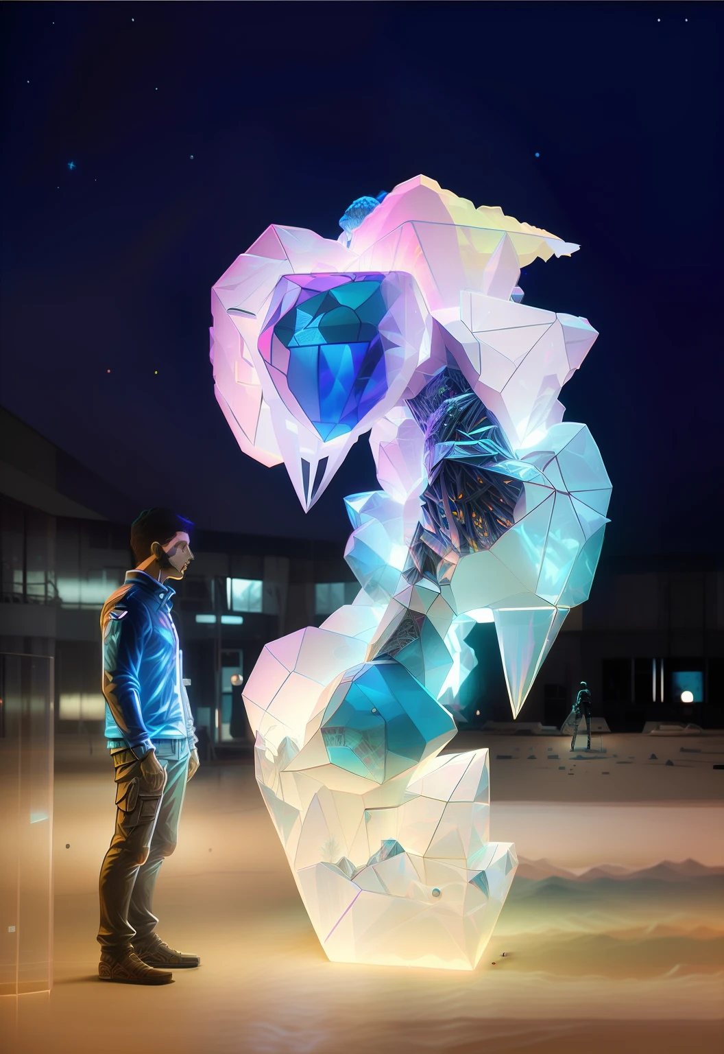 There was a man standing next to a plastic sculpture, digital sculpture, large translucent art statues, Huge hologram, number art, colorful detailed projections, statue made of glass, epic 3 d abstract model, beeple and mike winkelmann, interactive art, Colorful 3D crystals, artgem and beeple masterpiece, Digital artwork