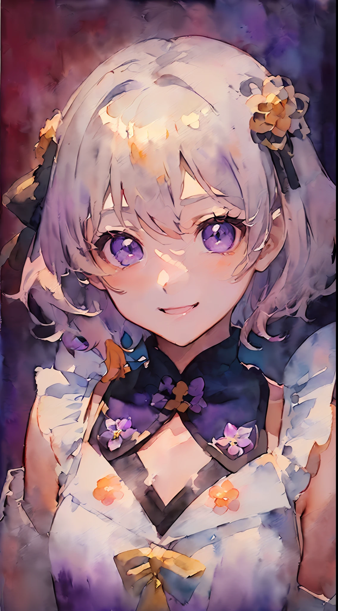 「(8k wallpaper:1.5)、(high-level image quality:1.3)、(Anime Watercolor:1.8)、(girl with、独奏、cute little、short-hair:1.8)、(beatiful detailed eyes, flowers in the eyes:1.2)、(Smile:1.5)、(doress、Pedras preciosas:1.5)、(Purple, an orange, gradients:1.5)」