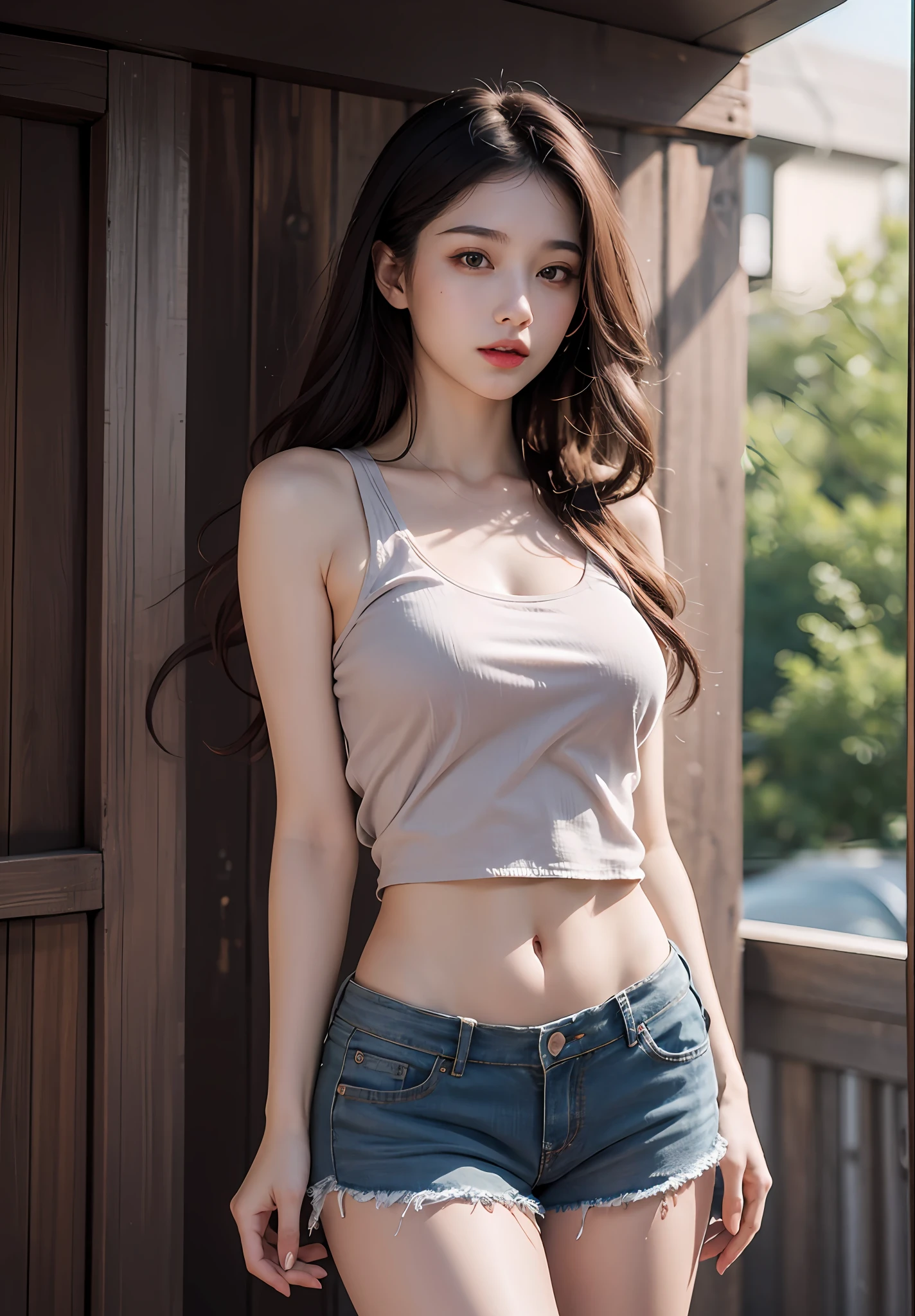 Best quality,masterpiece,ultra high res,(photorealistic:1.4),(1girl:1.3),outdoors,(half body:1.5),1 girl,long wavy hair,open chest,full body,open chest,tank top, dusk
