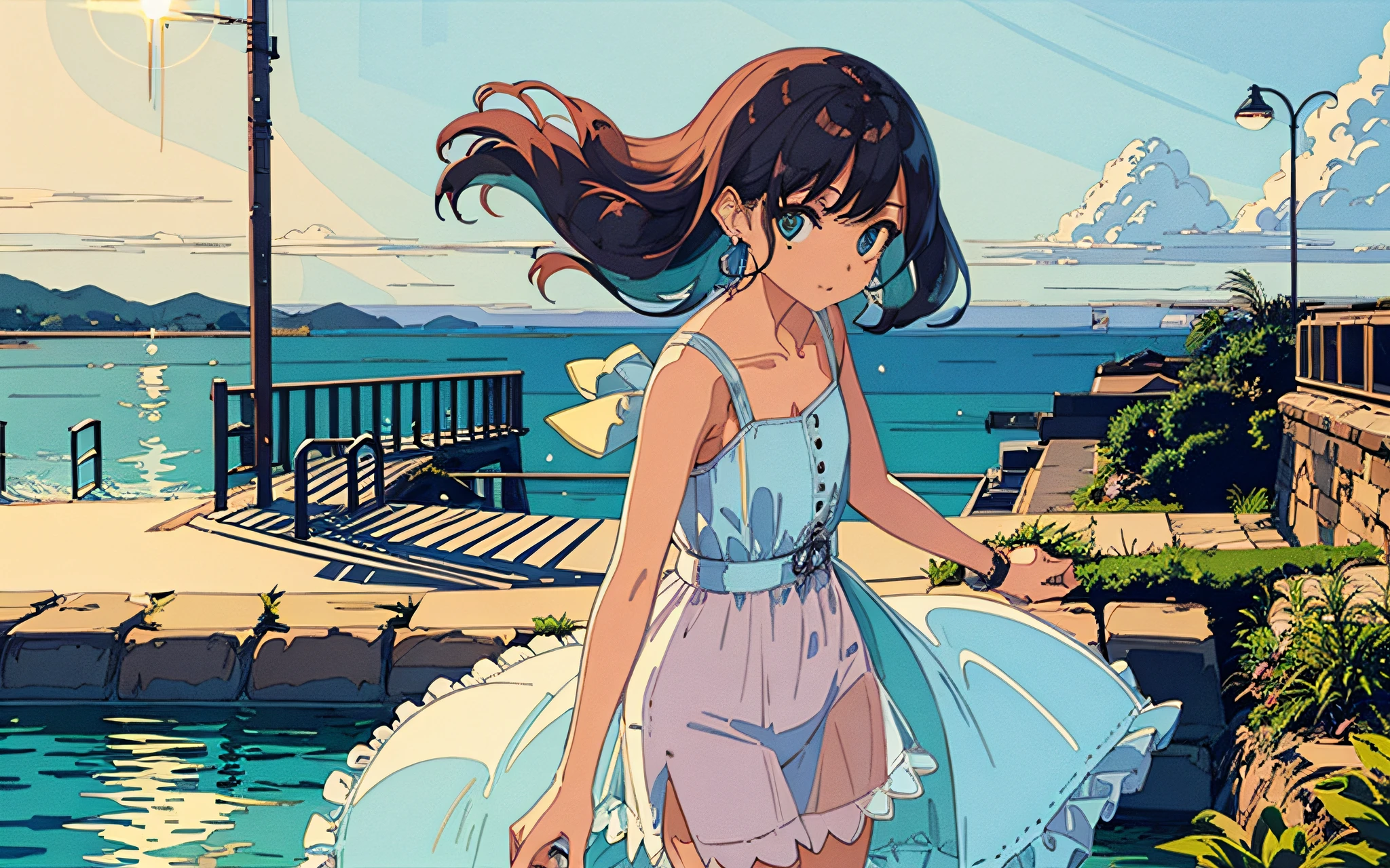 Very detailed CG unified 8k wallpaper, ((masterpiece)), (lighting), (best quality), (illustration), detailed hair, street, pole, (ligne claire: 1.3), close-up, ruins, water, depth of field, (lens flare), floating colored water, ((detailed cloudy sky)), (bus stop), (ocean), seaside road, railing, ruins, moss, floating rain, stream, wilderness, small dust, ((breeze)), wind, summer, (blurred background), ruins, Stations, abandoned roadside stations, water, partially_submerged, falling petals, ((1girl), delicate black hair, eyes, delicate beautiful eyes, earrings, ((c-curl hair), student uniform white cocktail dress dress, satin, translucent,