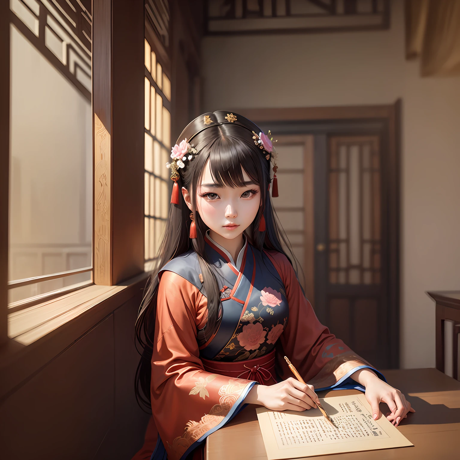young Chinese woman,Taoist believers,wearing a Taoist robe,Mahogany sword on the back,Fairy wind road bone ,Remove the background,The character's hairstyle was changed to a flowing long hair,The facial expression desk is dull --auto