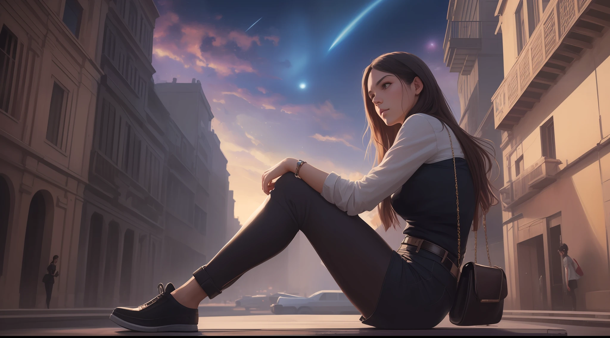 25-year-old woman sits at the top of the building in black suit, triste, Cabello negro ancho, ojos azules,((noche: 1.7)), (fondo de pantalla CG unidad 8k extremadamente detallado), full shot body photo of the most beautiful artwork in the world, Incredibly beautiful photo realistic cute young woman in the most urban outfit, pecho grande, majestic professional oil painting by Ed Blinkey, Atey Ghailan, Estudio Ghibli, por Jeremy Mann, Greg Manchess, Antonio Moro, tendencia en ArtStation, tendencia en CGSociety, intrincado, Alto detalle, foco nítido, dramatic and photorealistic art by Midjourney and Greg Rutkowski,(8k, La mejor calidad, obra maestra:1.4), (Stunningly Detailed), (alta nitidez), ((Detailed facial features)), (piel finamente detallada), (((viendo el cielo estrellado))), Perfect Anatomia