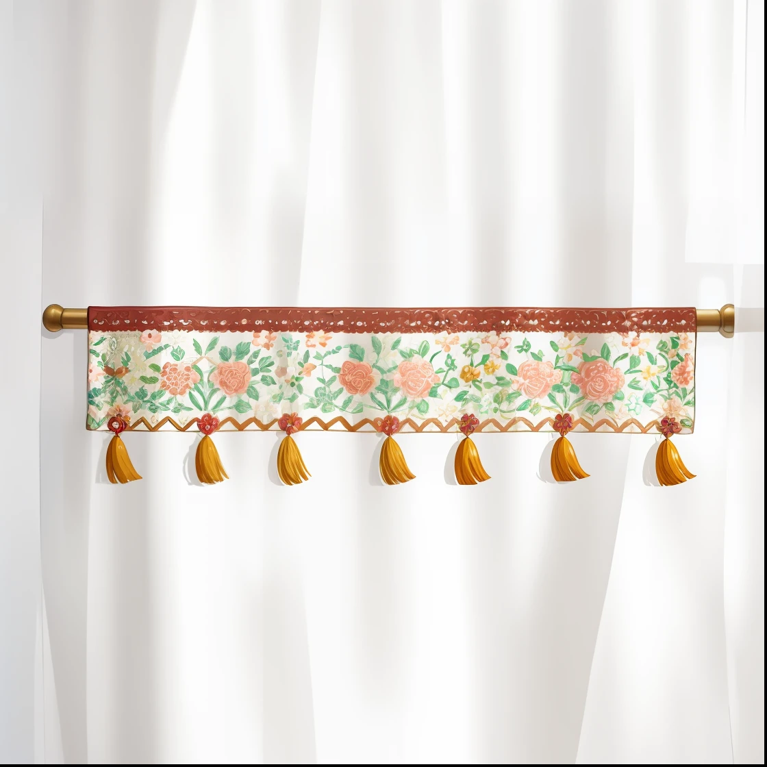 a close up of a decorative embroidered curtain with tassels, traditional folk art style, boho floral vines, floral embroidery, transylvanian folk art, floral lacework, vibrant aesthetic, graphic print, colorful adornments, colorful”, intricate embroidery, fabric embroidery, with colourful intricate, ornate decoration, ornate floral, mexican folk art, folk art, : : --auto