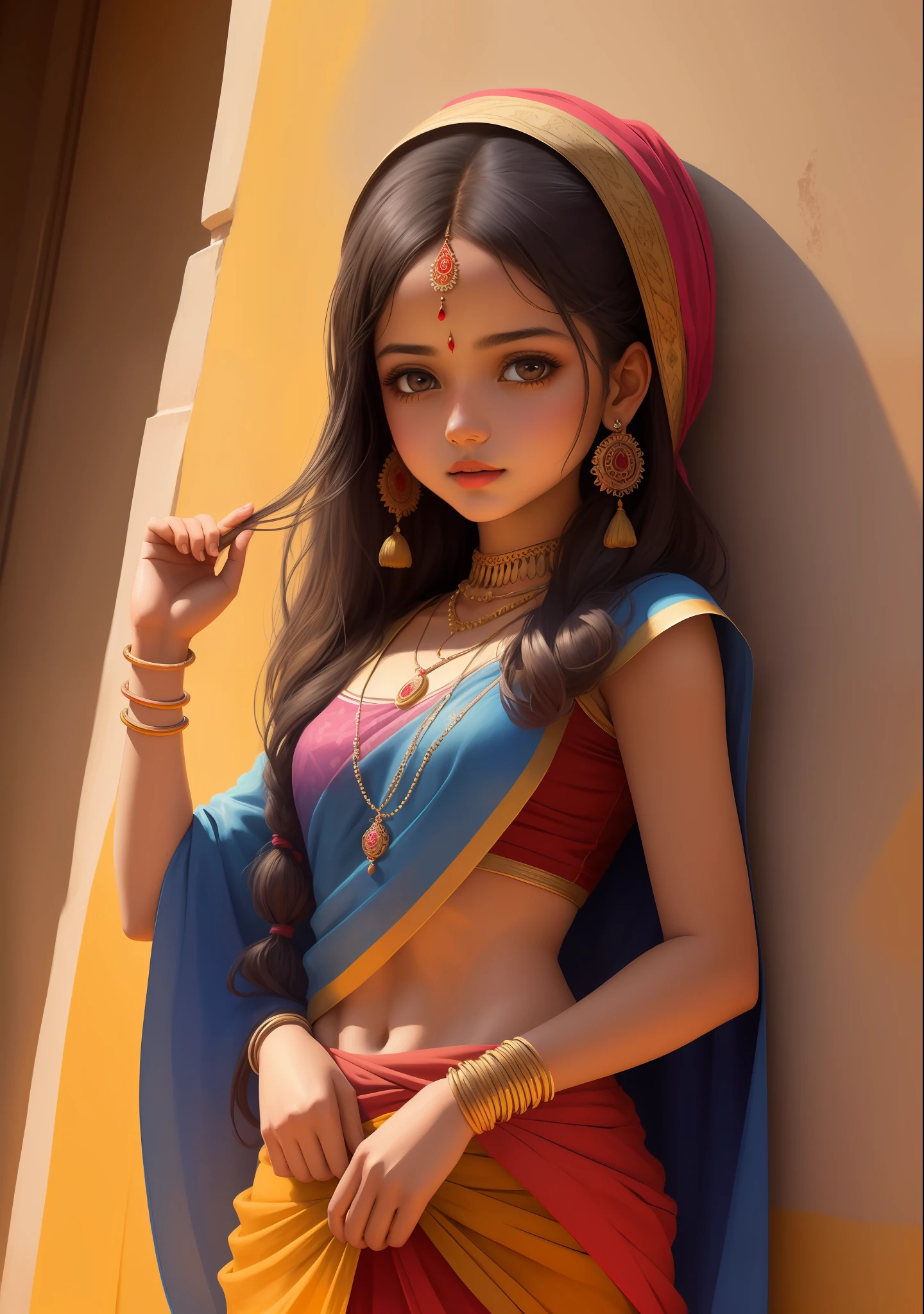 masterpiece, best quality, ultra-detailed, best illustration,_1 girl, Rajasthani painting