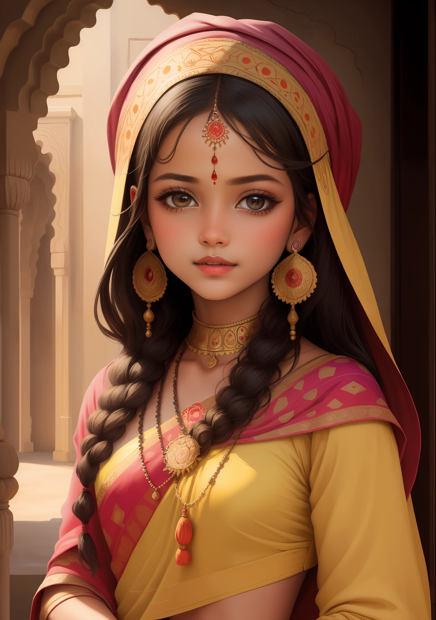 masterpiece, best quality, ultra-detailed, best illustration,_1 girl, Rajasthani painting