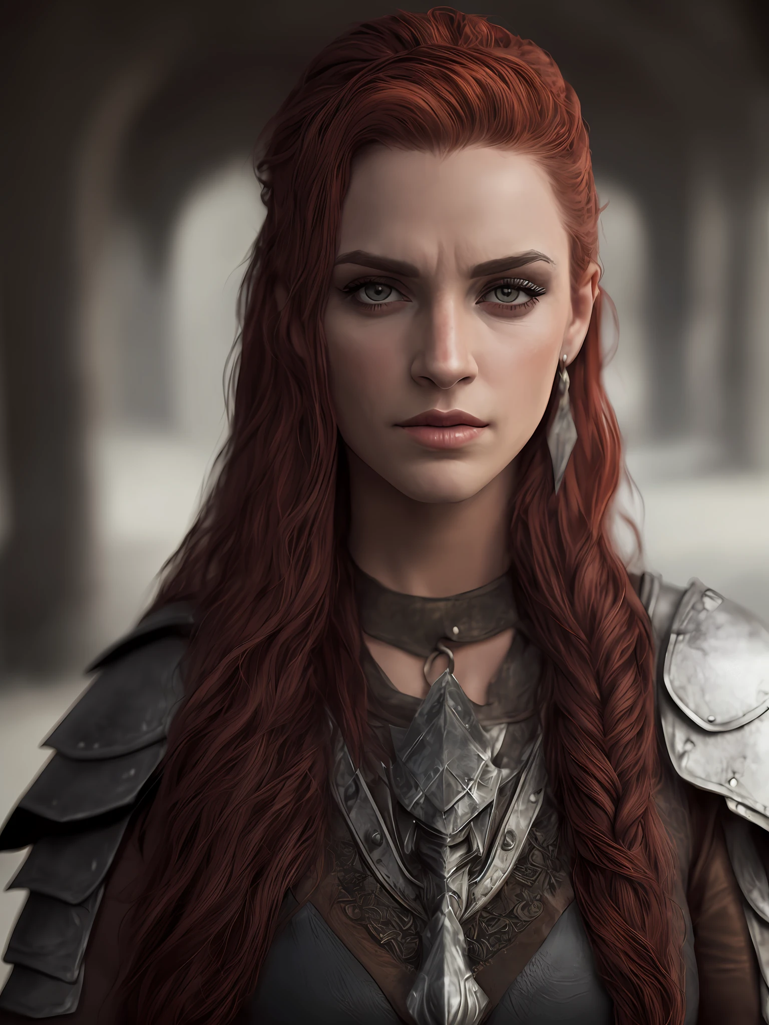 Close-up, (alta qualidade: 1.3), Cinematic Still Shot, obra-prima, (foco nítido: 1.5), (fotorrealista: 1.3), medium portrait of (a tired-looking Viking warrior woman, ruiva, seios enormes, mas ainda orgulhosa e feroz, now the leader of her village , vestida com cota de malha elaboradamente detalhada e armadura de couro, algumas tochas queimam nas paredes, giving the scene a somber atmosphere, but sculpting the shapes in crisp chiaroscuro), it is night time, (pele altamente detalhada), (rosto detalhado), fundo detalhado, dark ilumination, twilight lighting, volumeric lighting, detalhes complexos, UHD,