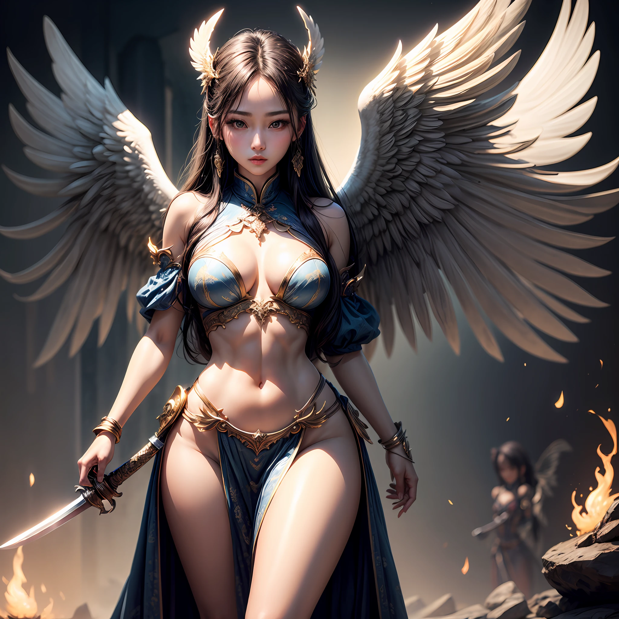 Female angels,Fine dissection,Bask in the glow,holding a large sword,Gorgeous angel wings with wingspan,Extremely detailed depiction,Stunning beauty,Soft and shiny,The focus is clear and unambiguous。 --auto