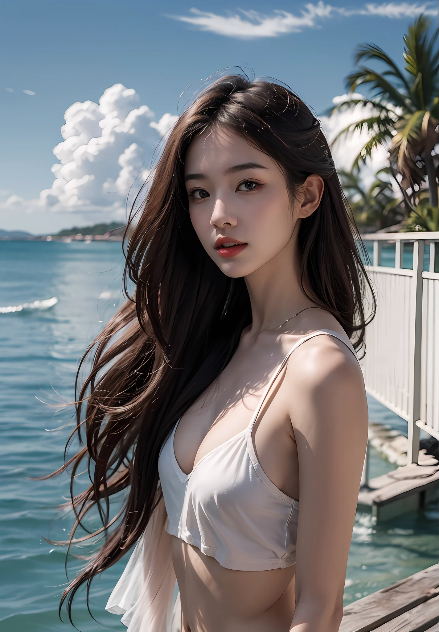 Best quality,Masterpiece,超高分辨率,(Photorealistic:1.4),(1girll:1.3),exteriors,beachside，Turn your back to the sea，Cruise ships，(full bodyesbian:1.5),1 girl,wavy and long hair,Girls all over,Open chest,vests, Dusk，bright，The sky is blue，White clouds