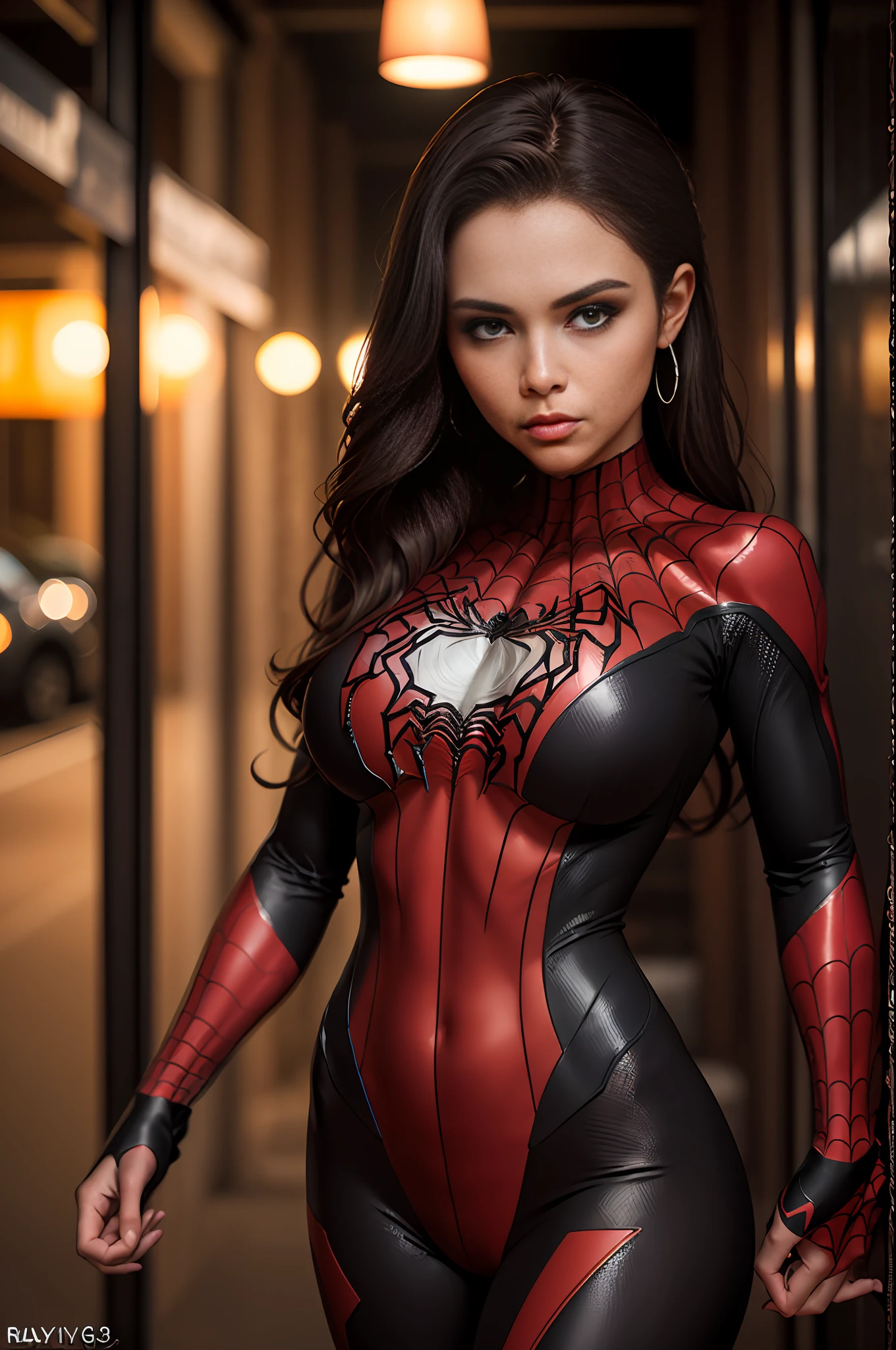 a photo of an attractive S033_RileyGuava, as (Spidergirl:1.1), (nighttime:1.3), (8k, RAW photo, best quality, ultra high res, photorealistic, masterpiece, ultra-detailed, Unreal Engine)