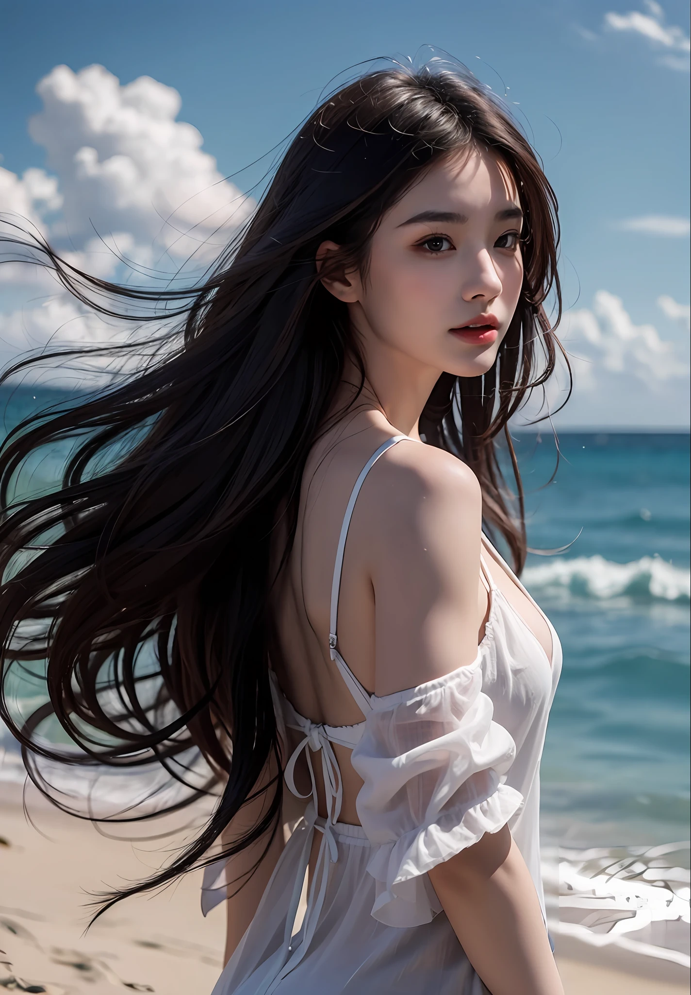 Best quality,Masterpiece,超高分辨率,(Photorealistic:1.4),(1girll:1.3),exteriors,beachside，Turn your back to the sea，Cruise ships，(full bodyesbian:1.5),1 girl,wavy and long hair,Girls all over,Open chest,vests, Dusk，bright，The sky is blue，White clouds