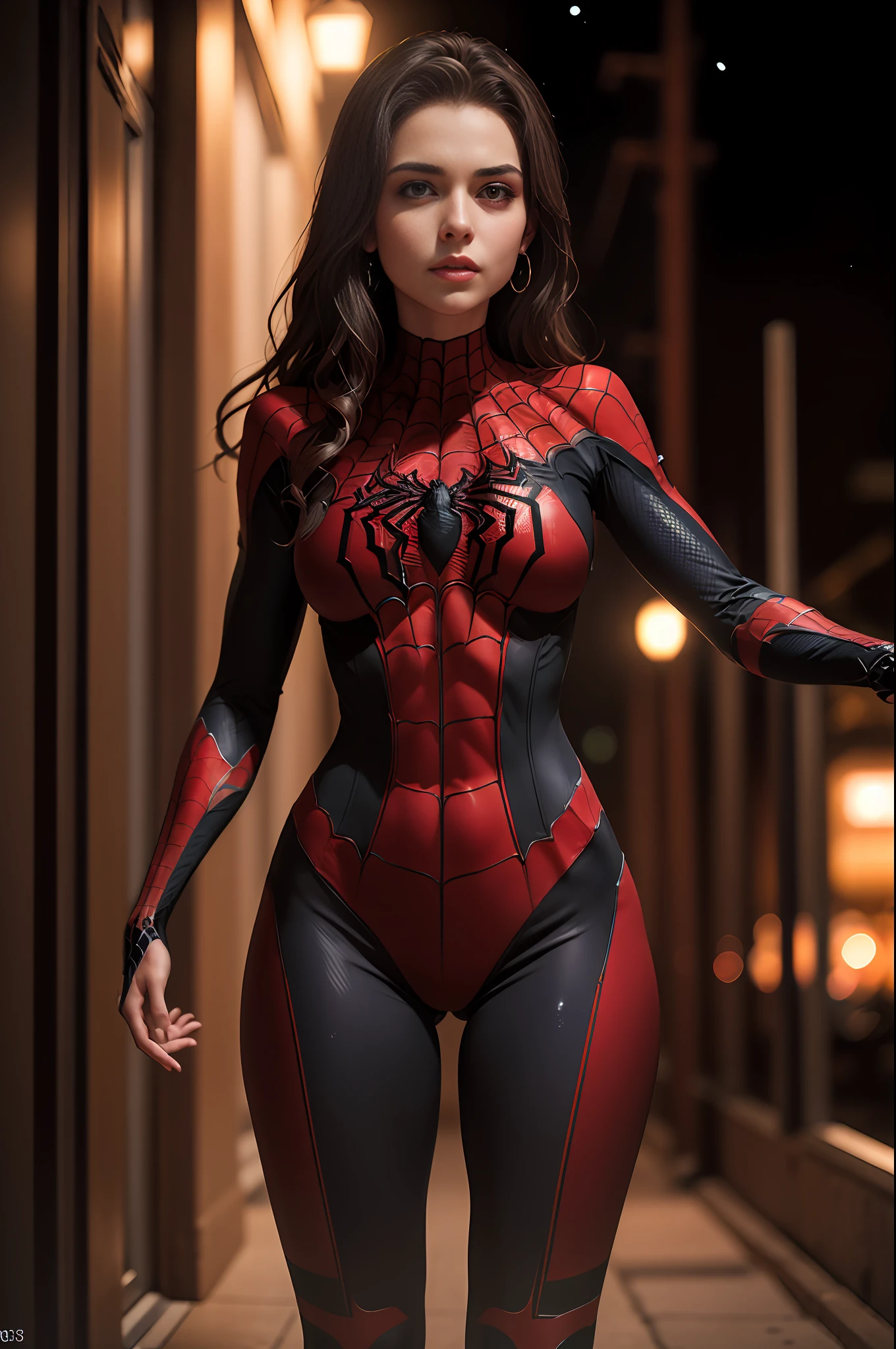 a photo of an attractive S033_RileyGuava, as (Spidergirl:1.1), (nighttime:1.3), (8k, RAW photo, best quality, ultra high res, photorealistic, masterpiece, ultra-detailed, Unreal Engine)