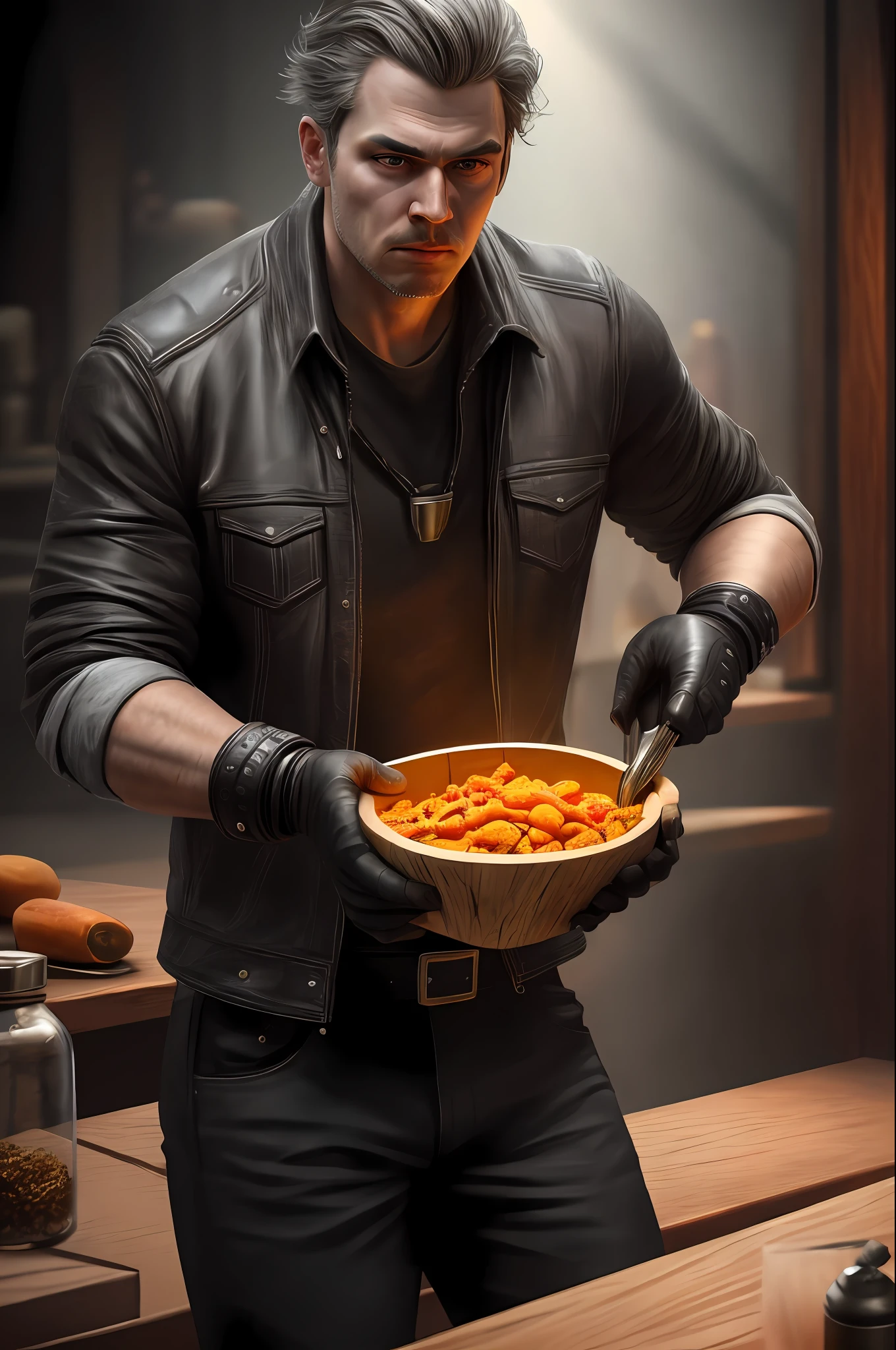 high quality, cinematic ray , realistic digital art illustration photo of leather glove holding a wood pepper shaker, epic lighting, cinematic lighting, high res, (detailed image:1), insane details, soft, hyper realistic, (highly detailed:1.2), masterpiece, 8k uhd, digital art style , trending on artstation