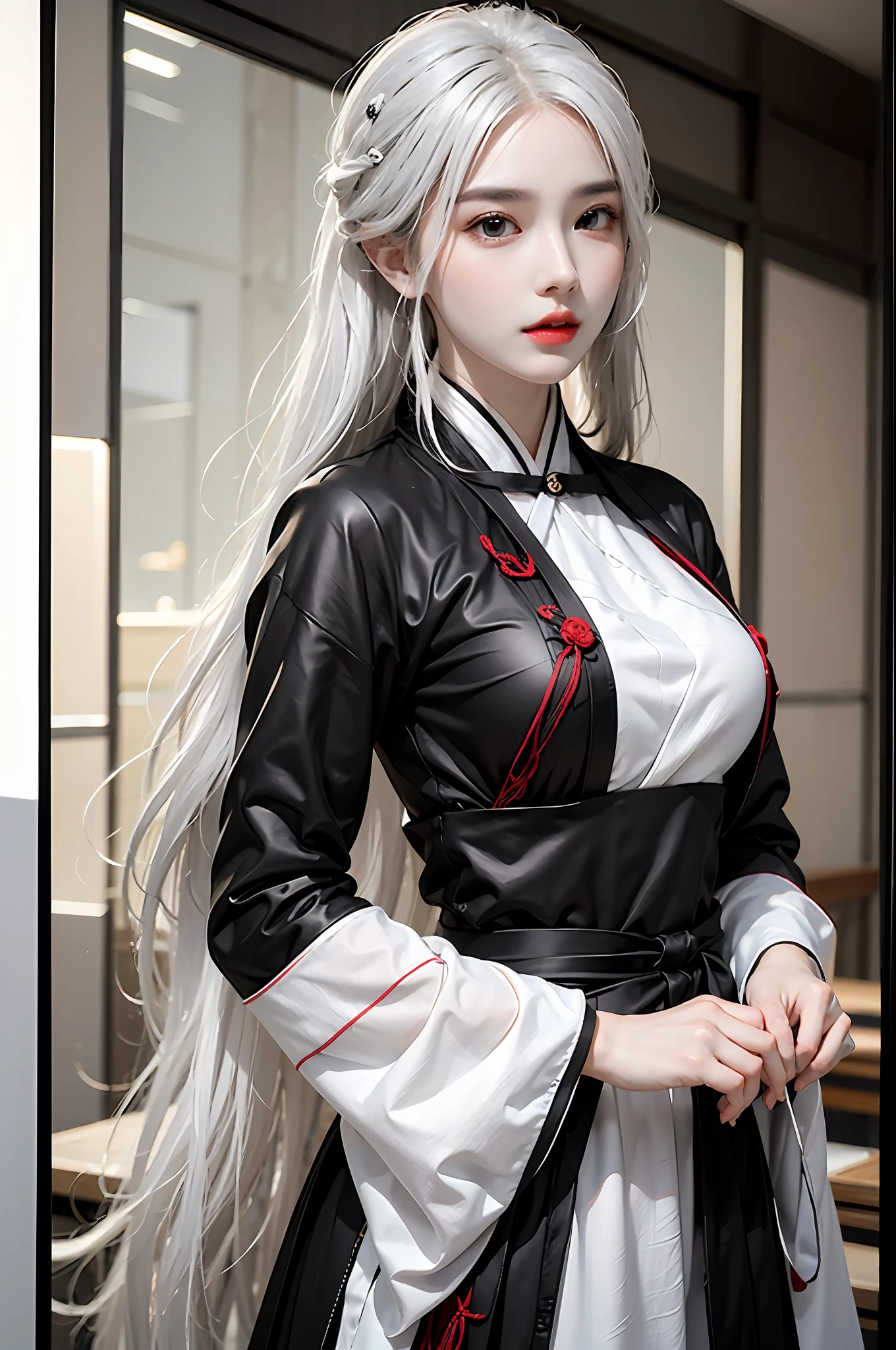 photorealistic, high resolution, 1 girl, waist up, white hair, long hair, black eyes, chinese style, hanfu, normal breast