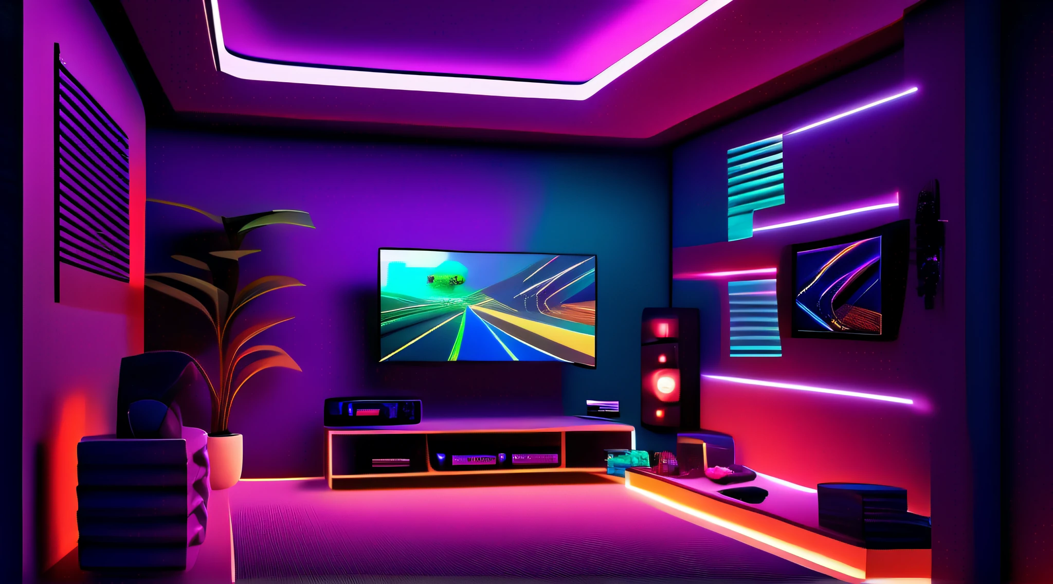 Gaming room interior, rgb lighting, Television, perspective angle
