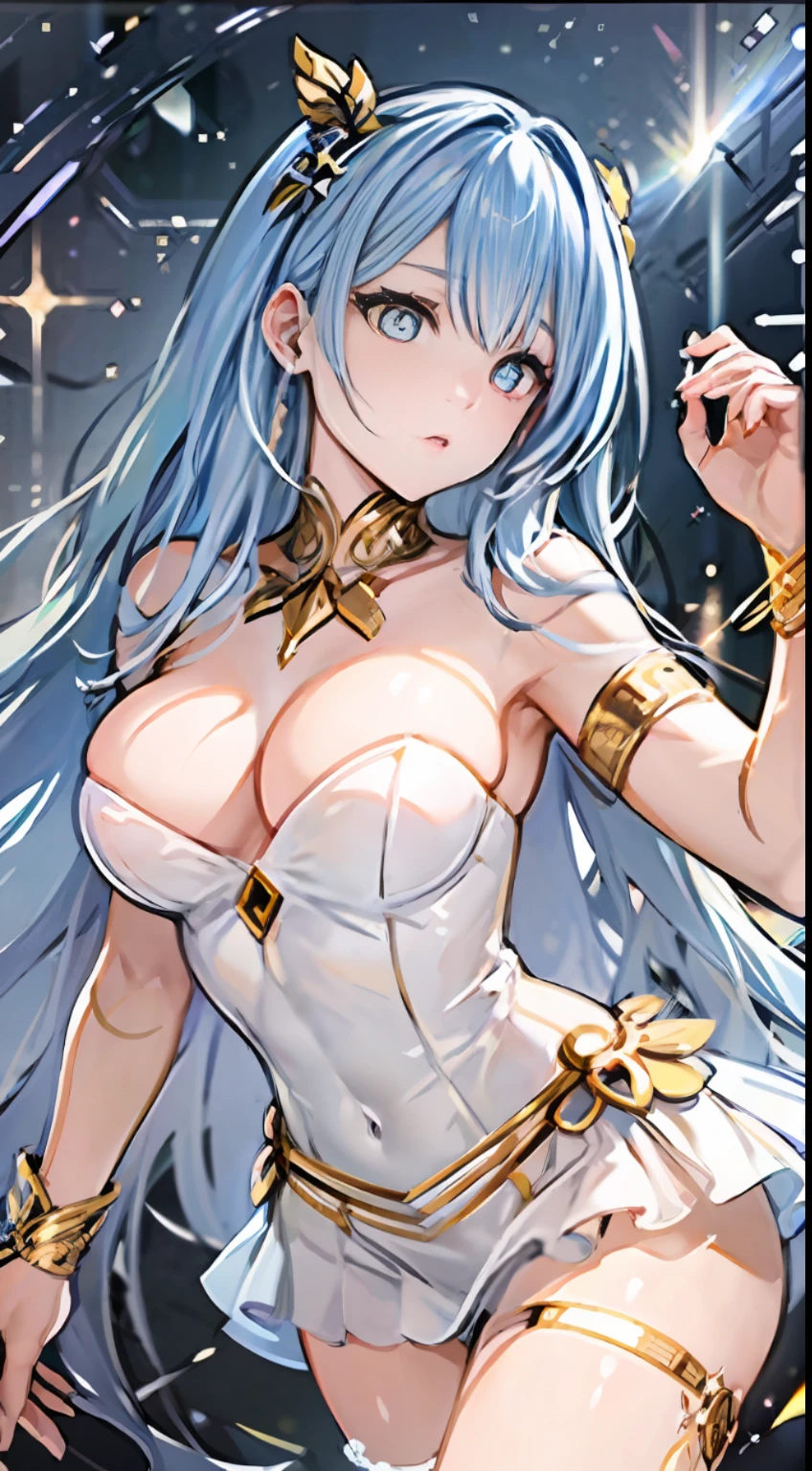 [[full bodyesbian]], Blue-white hair, Short braid on the side, Blue pupils and golden pupils, Heterochromatic pupil, A girl with a lively personality, solo person, The maiden travels through the universe, The background is the Star Universe, The girl floated in the air, You can see from head to toe, The costume of ancient Greek divinity, Ancient Greek divine little skirt, naked leg, Beth, Costumes are trimmed with gold trim, The one-sided shawl on the body is a futuristic science fiction concept, hair between eyes, hime cut, anime, character chart, anime style, god rays, Wide-Angle, tachi-e, move chart, pov, masterpiece, ccurate, anatomically correct