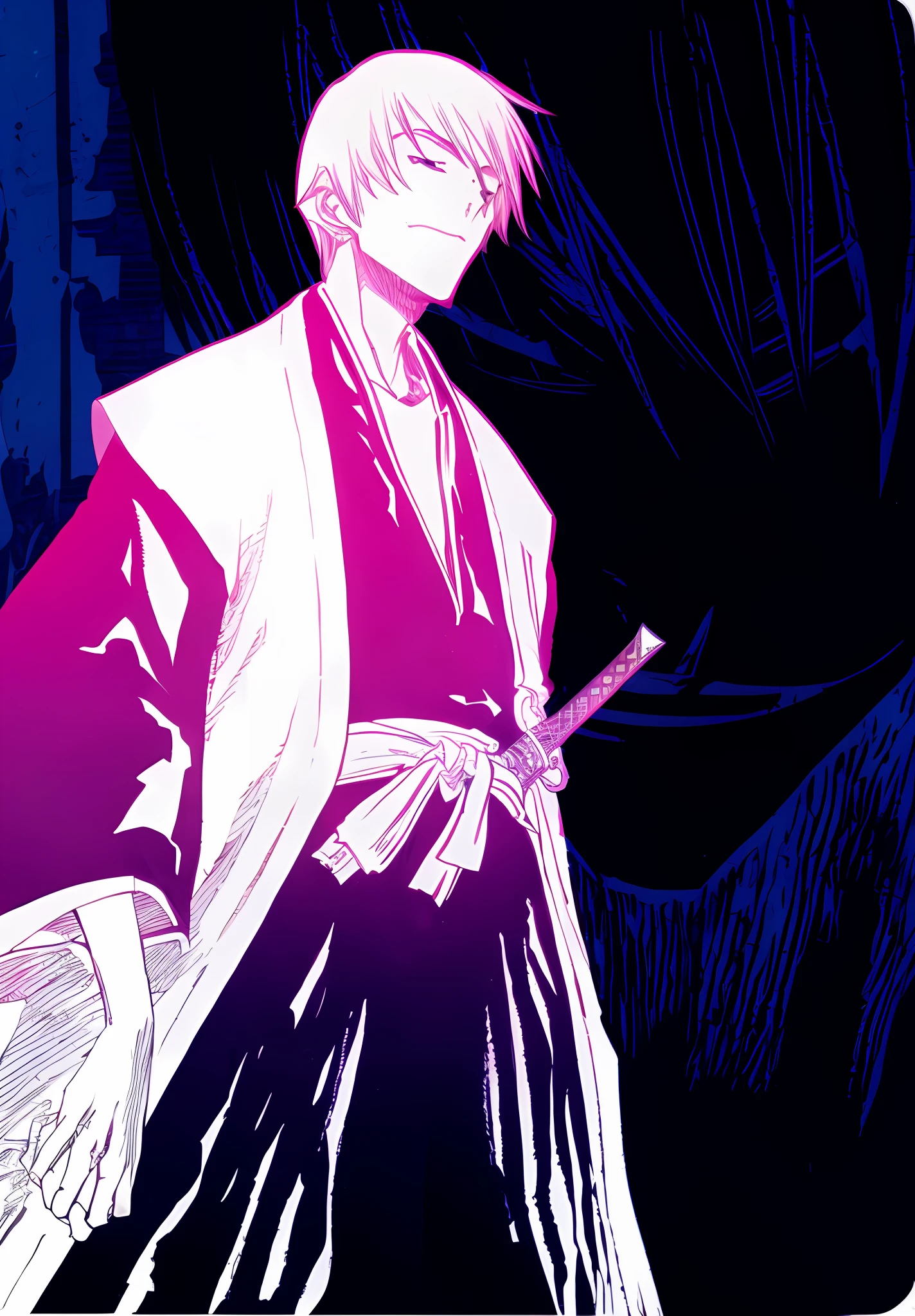 Anime - Stylized image of a man holding a sword on the background, coloured manga scan, Neon Samurai, color spread, Manhwa Style, shigenori soejima illustration