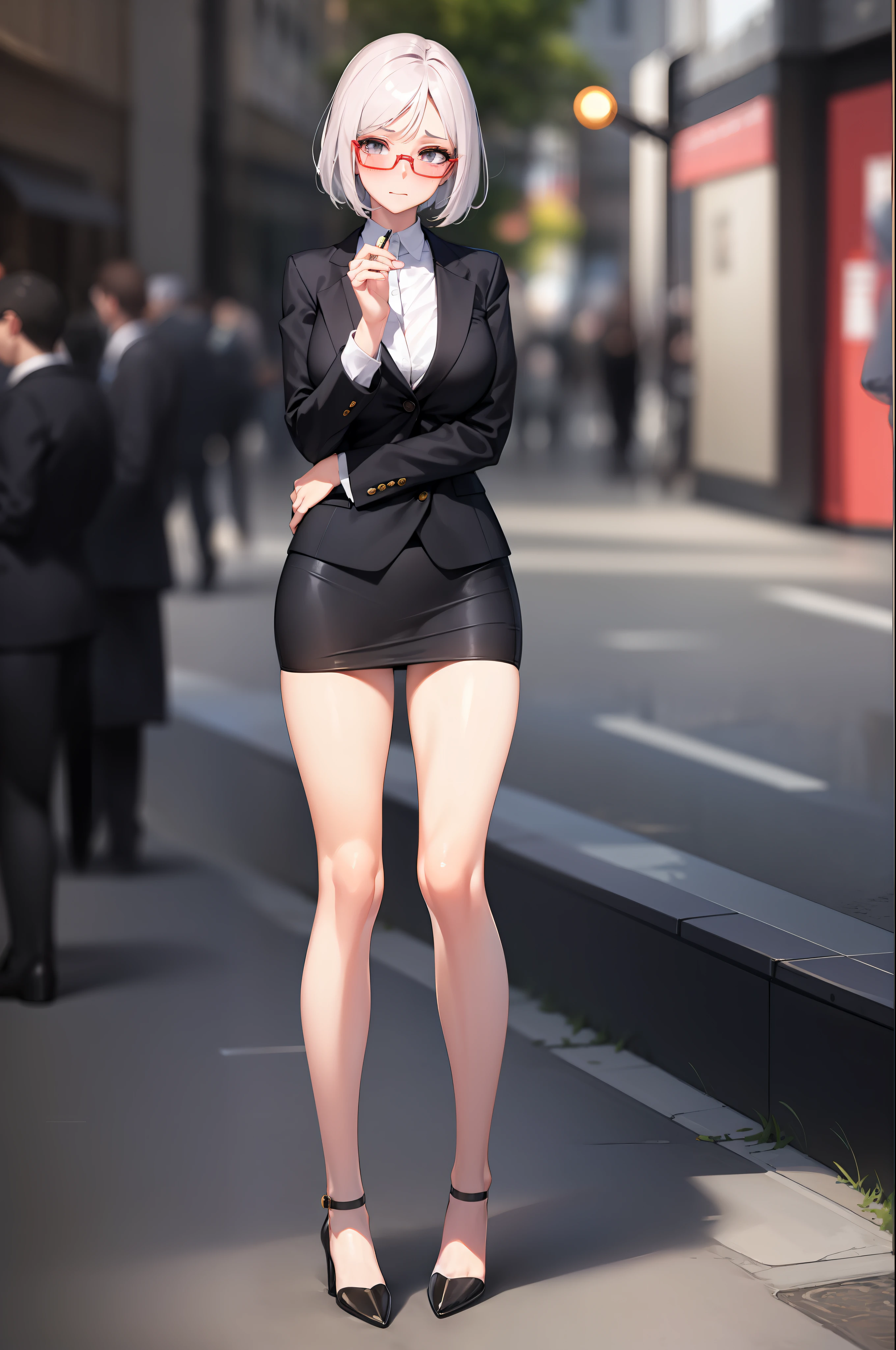 ((Best quality)), Blurred (Realism: 1.4, Lifelike), High detail CG unified 8K wallpaper, 1 girl, Illuminated by soft light, High quality, (full body shot of), (Outdoors, in crowd), White suit, Super-short pencil skirt, Black stockings, golden-framed glasses, Peep-toe heels), Large breasts, Beautiful face, Slim figure, model standing pose, Shyness and blushing, Mature and wise.