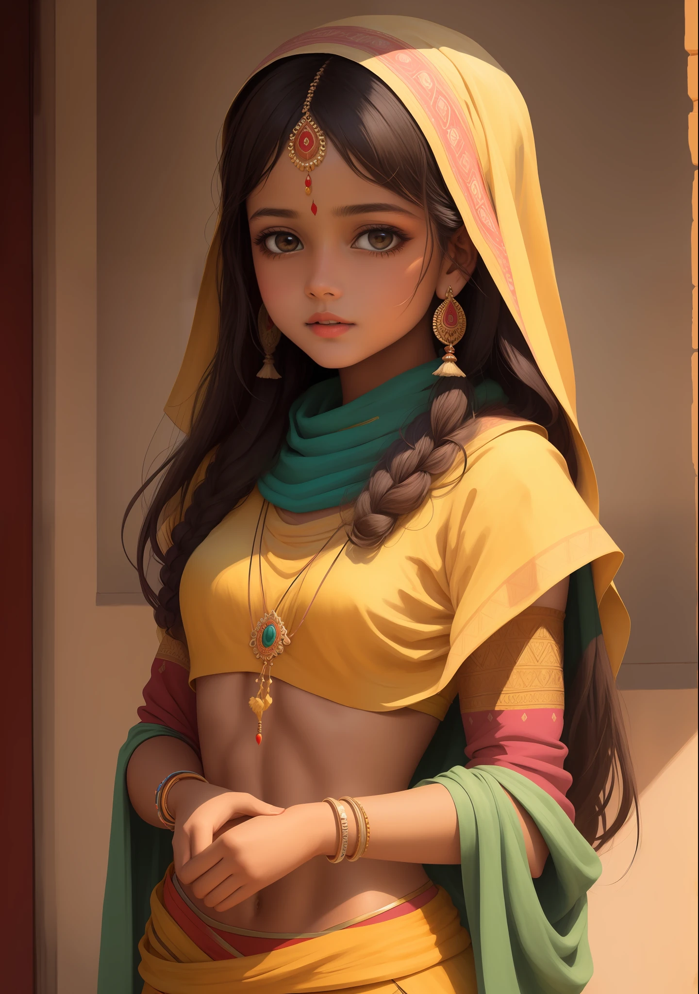 masterpiece, best quality, ultra-detailed, best illustration,_1 girl, Rajasthani painting